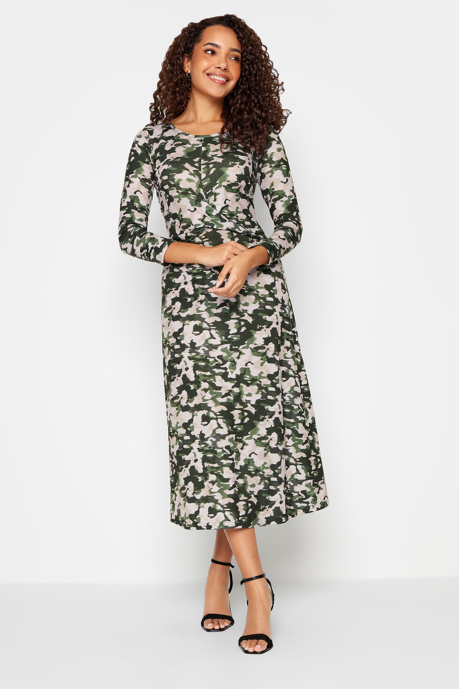 M&Co Khaki Green Camo Print Twist Front Midaxi Dress | M&Co 1