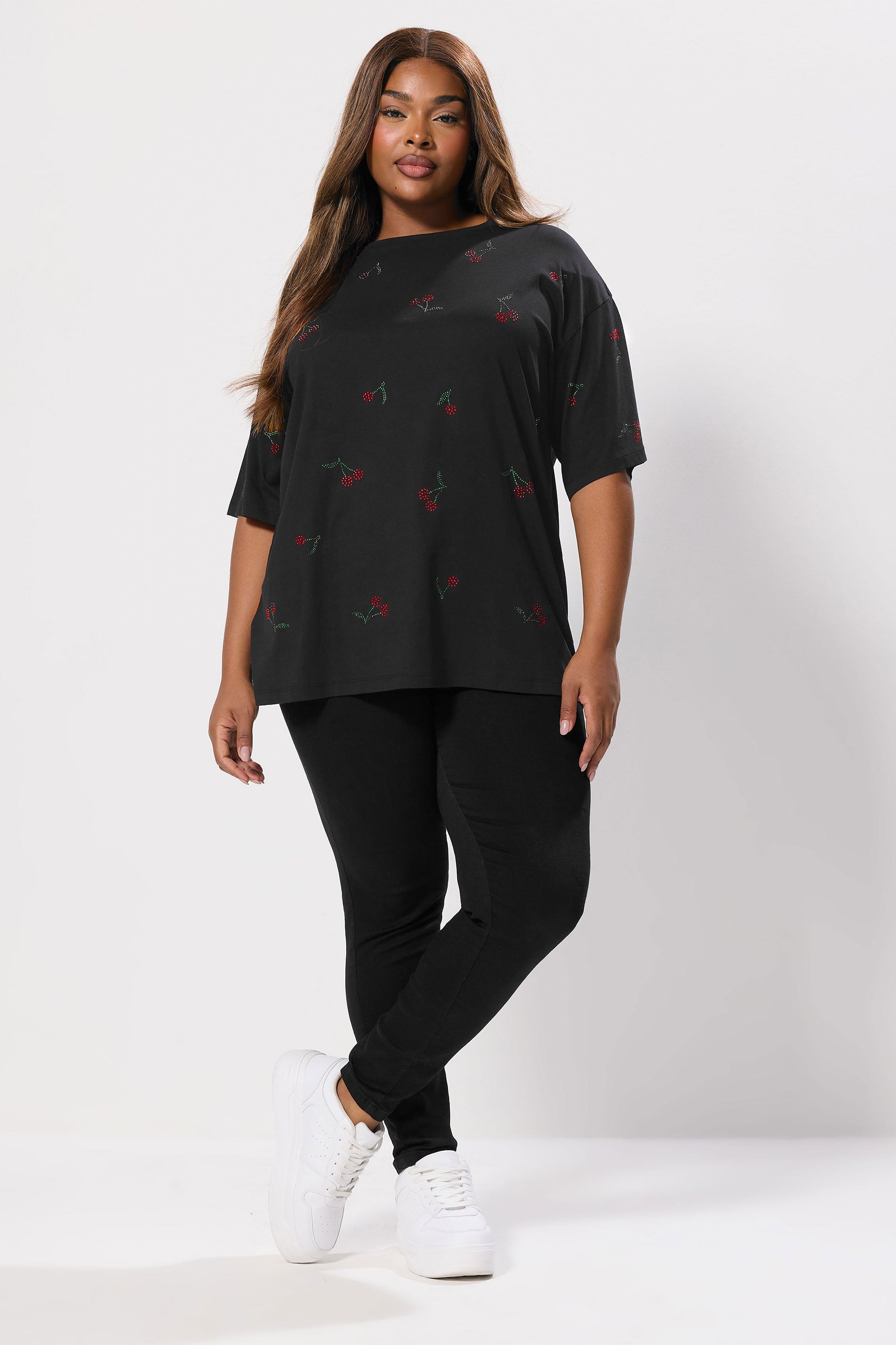 YOURS Plus Size Black Embellished Cherry Oversized T-Shirt | Yours Clothing 1