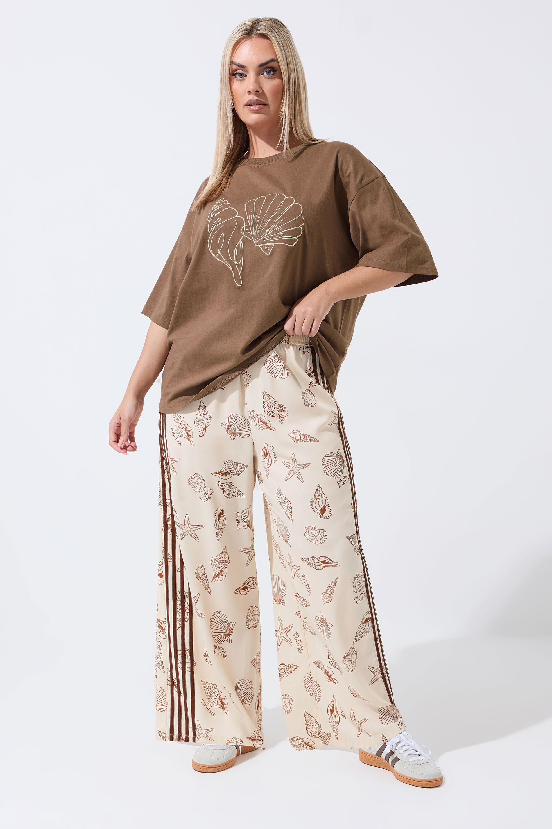 LIMITED COLLECTION  Plus Size Brown Embroidered Shell Longline T-Shirt | Yours Clothing  1