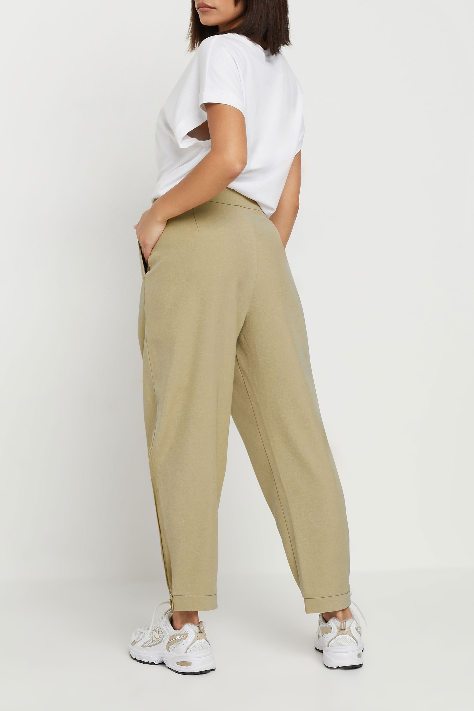 PixieGirl Petite Women's Stone Brown Tailored Barrel Button Trousers | PixieGirl 2