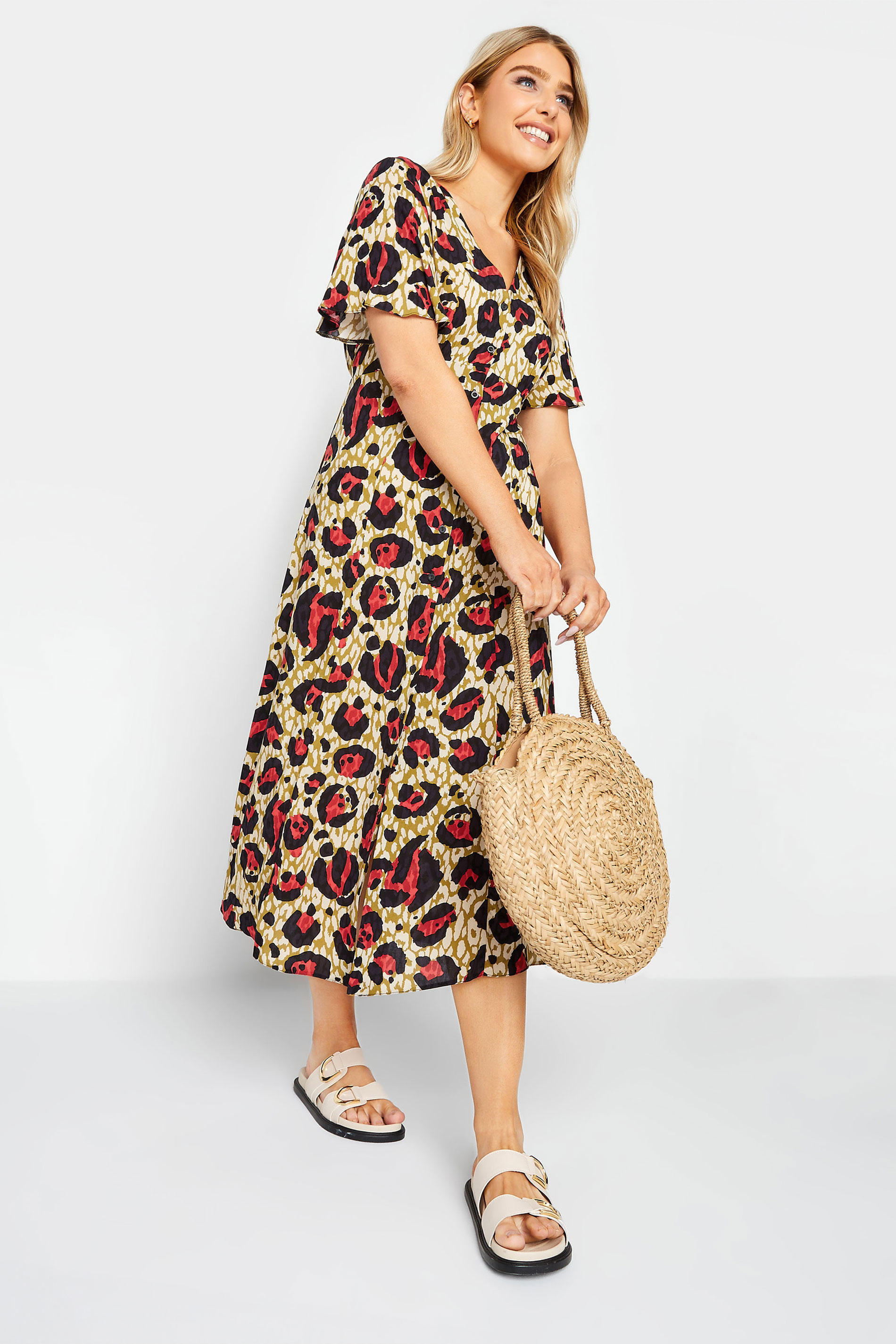 M&Co Natural Brown & Red Leopard Print Midi Button Through Tea Dress | M&Co  2