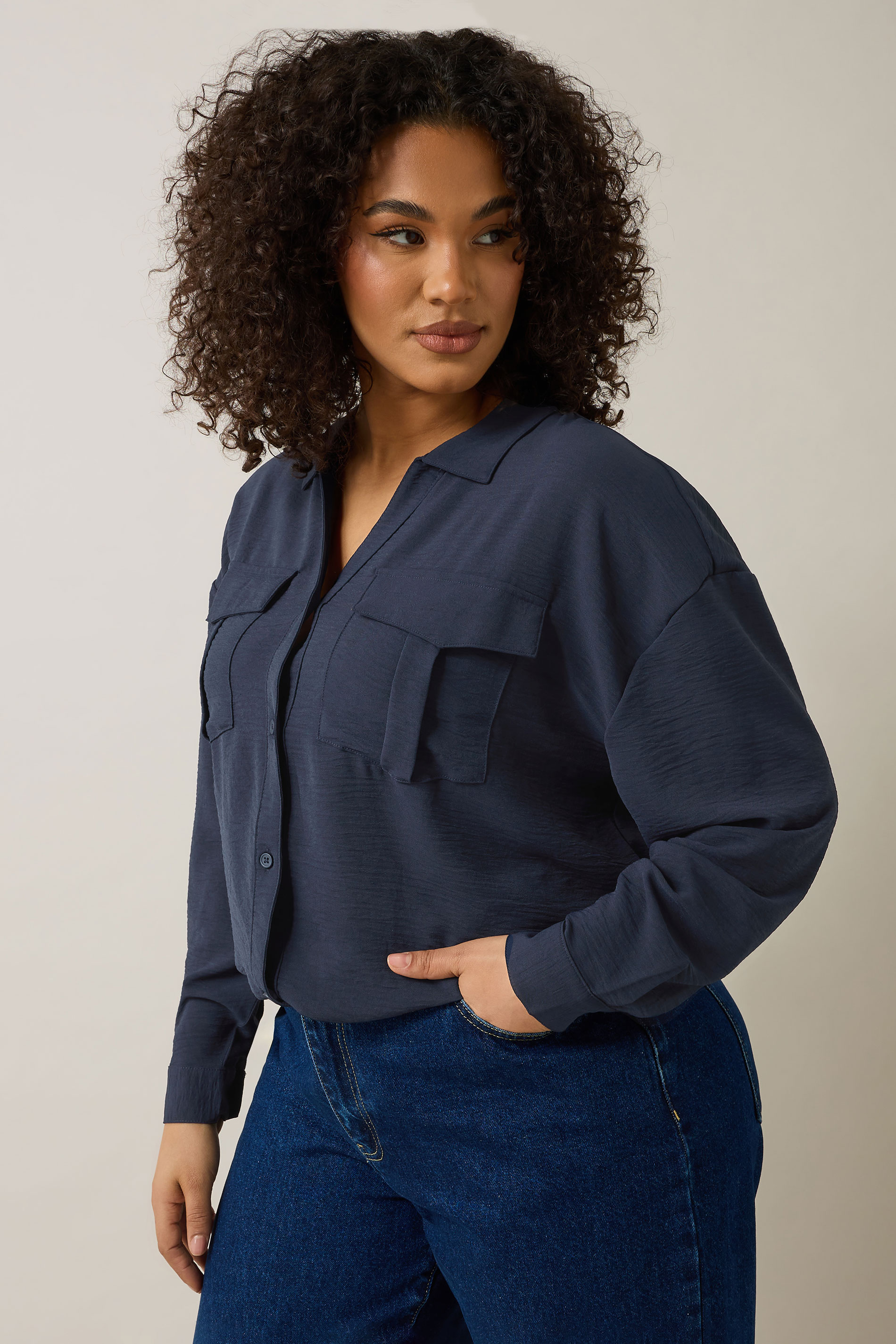 EVANS Plus Size Navy Blue Utility Pocket Shirt | Evans 5