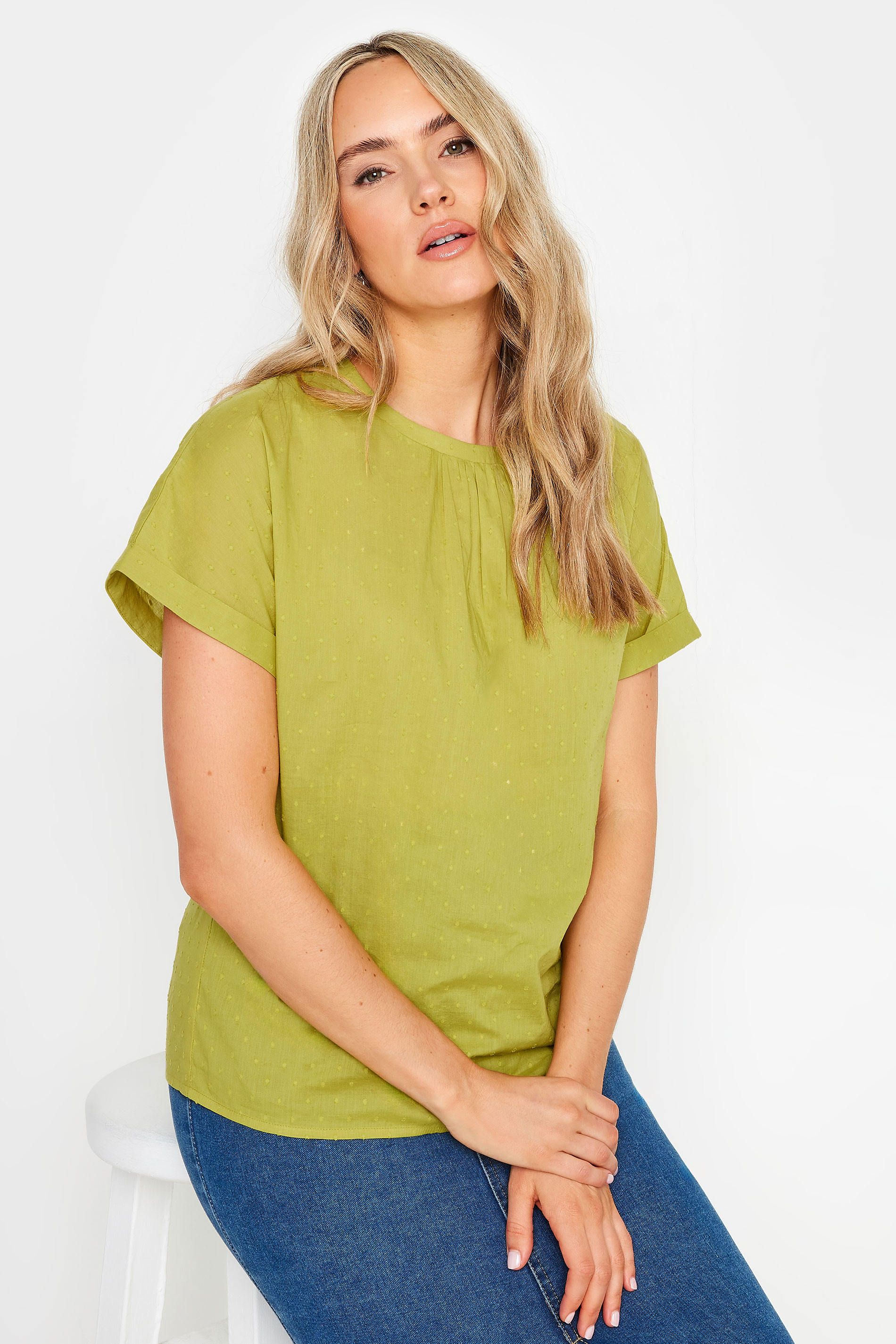 LTS Tall Green Short Sleeve Cotton Dobby Top | Long Tall Sally 3