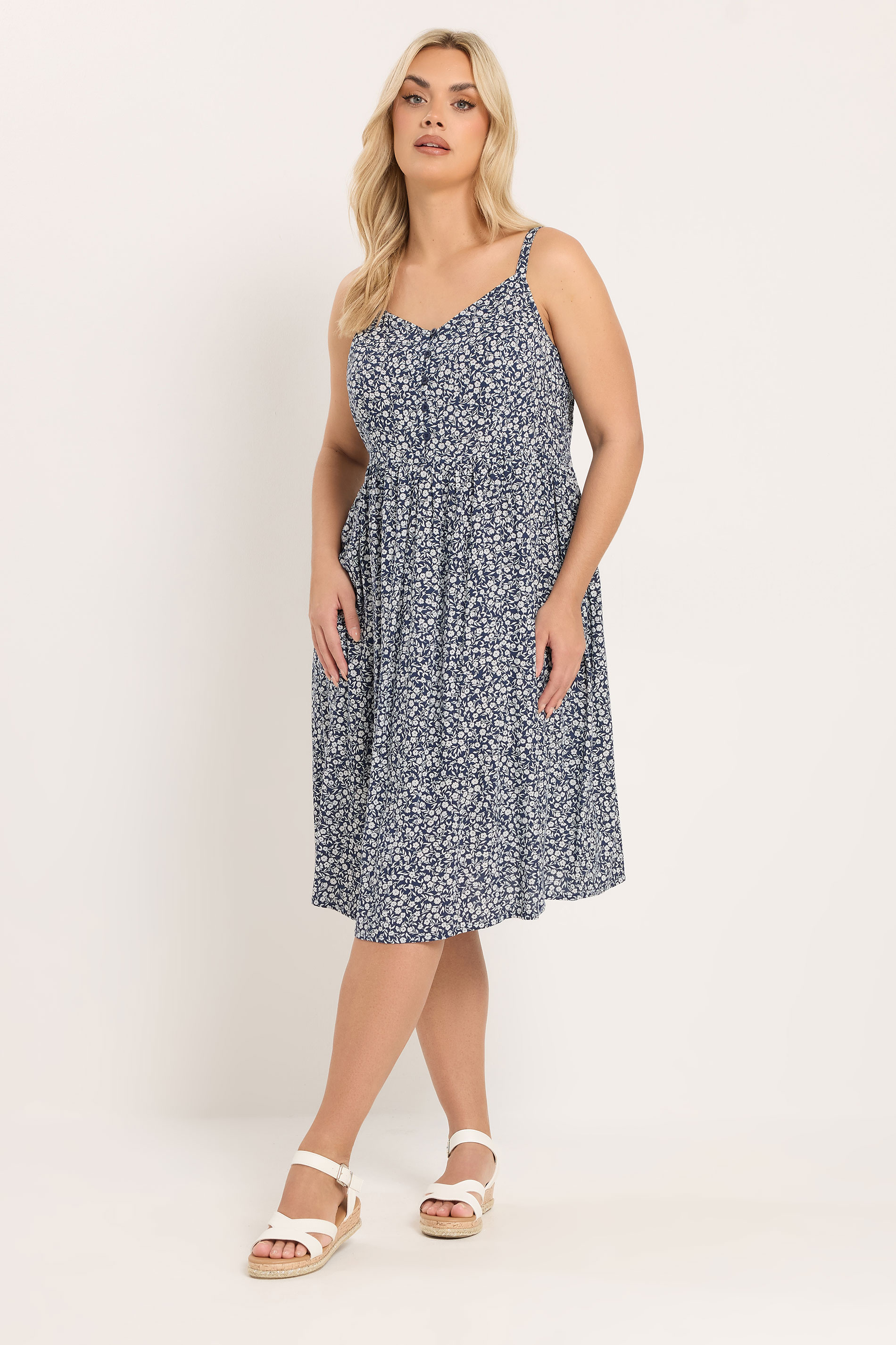 YOURS Plus Size Navy Blue Ditsy Floral Strappy Sundress | Yours Clothing 1