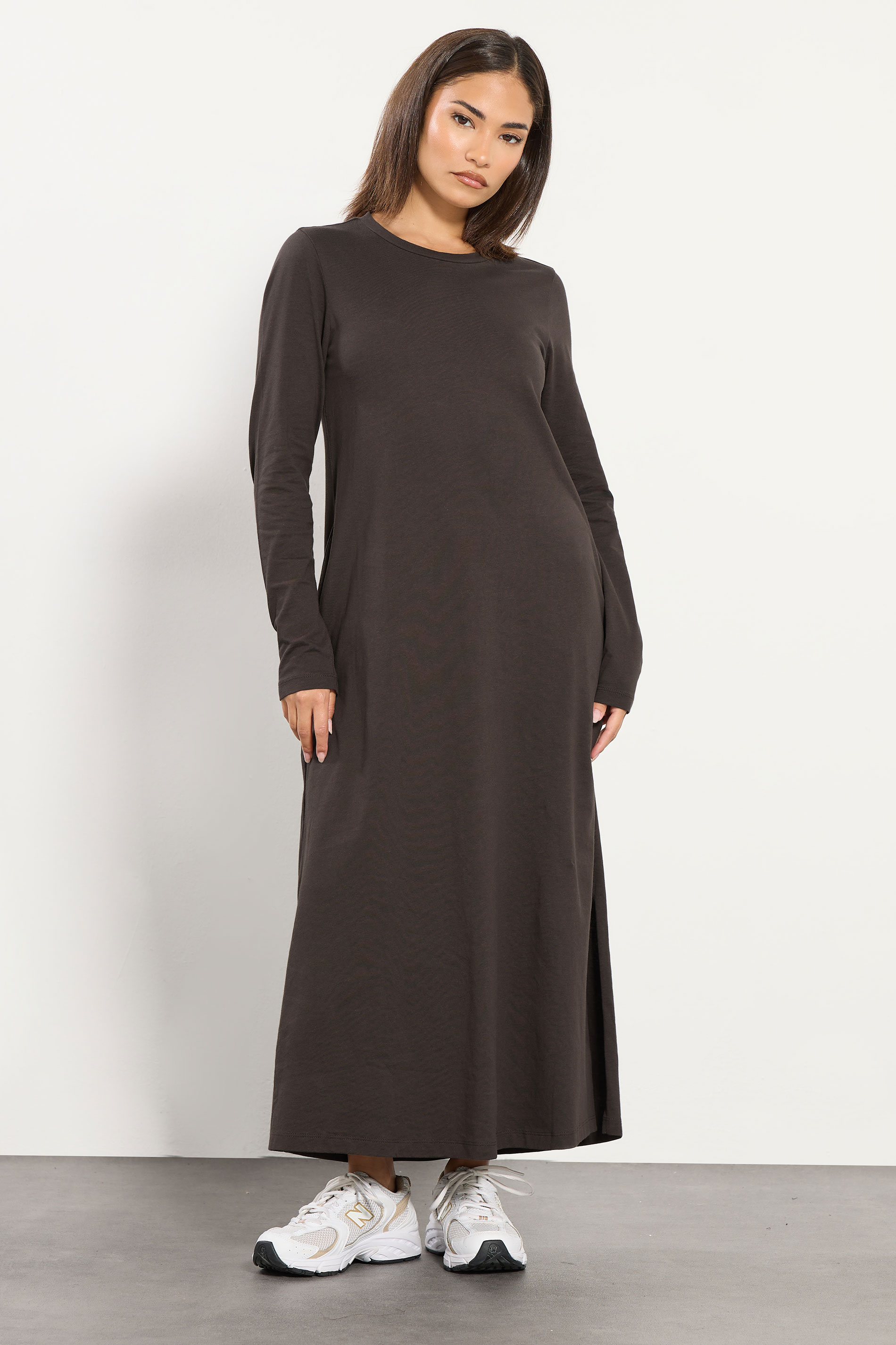 PixieGirl Petite Women's Chocolate Brown T-Shirt Cotton Maxi Dress | PixieGirl 3