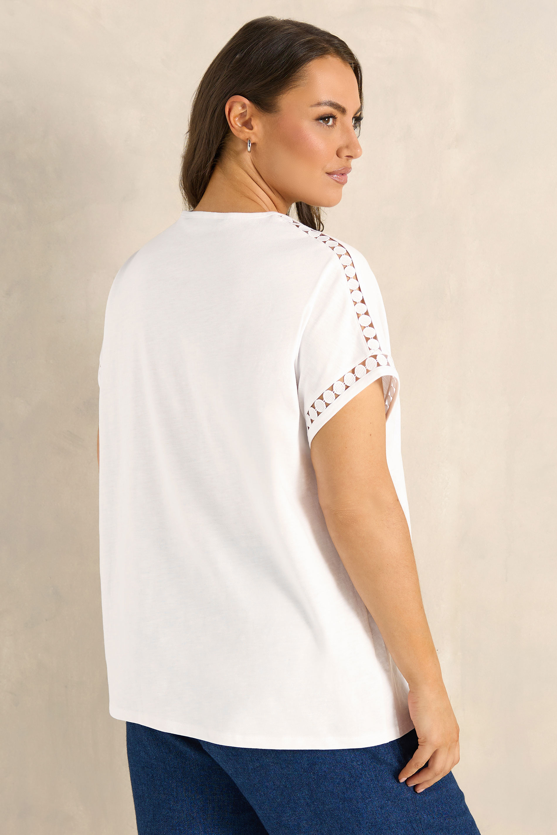 EVANS Plus Size White Crochet Trim Cotton V Neck T-Shirt | Evans 2