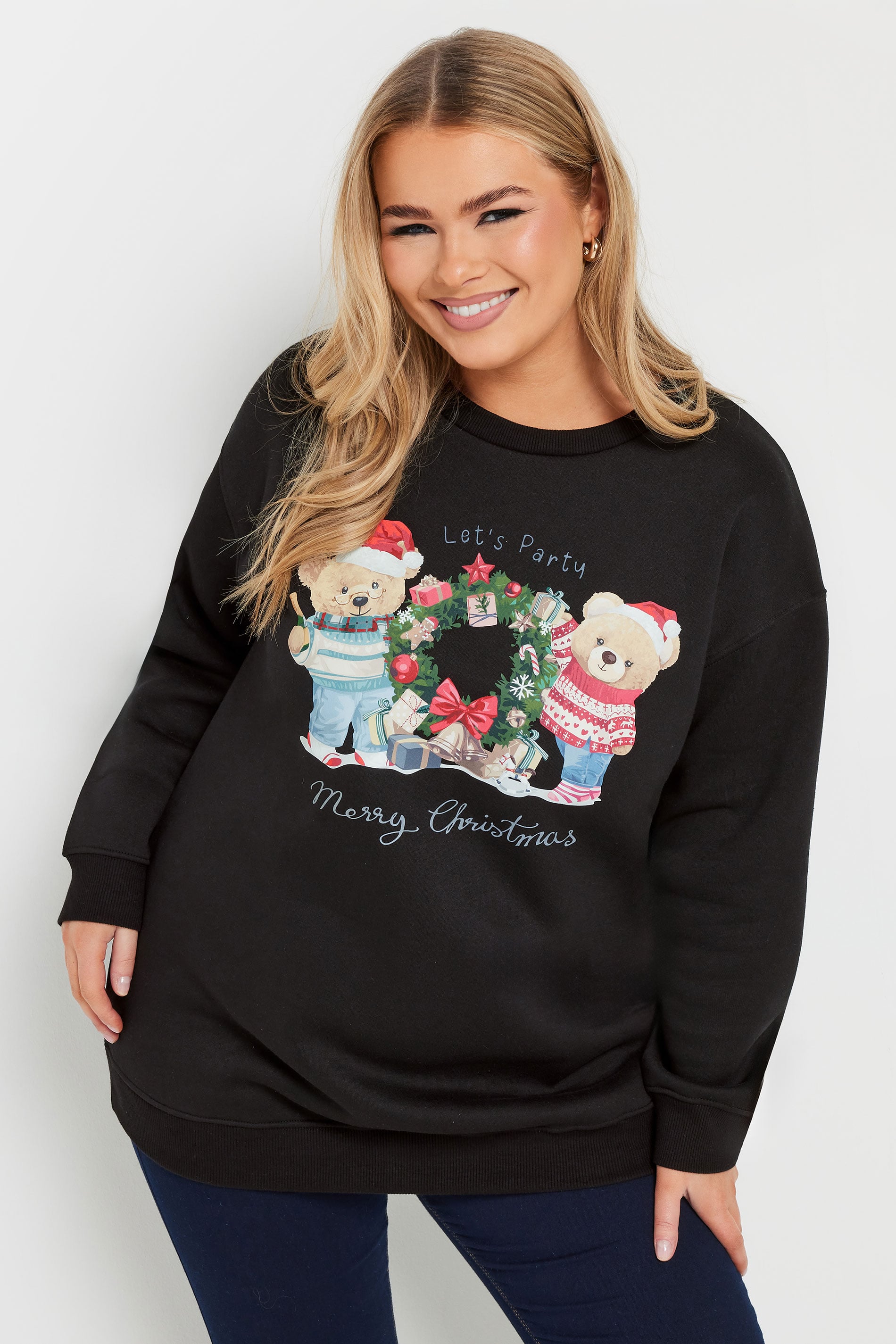 YOURS Plus Size Black Teddy Bear Christmas Print Sweatshirt | Yours Clothing 3
