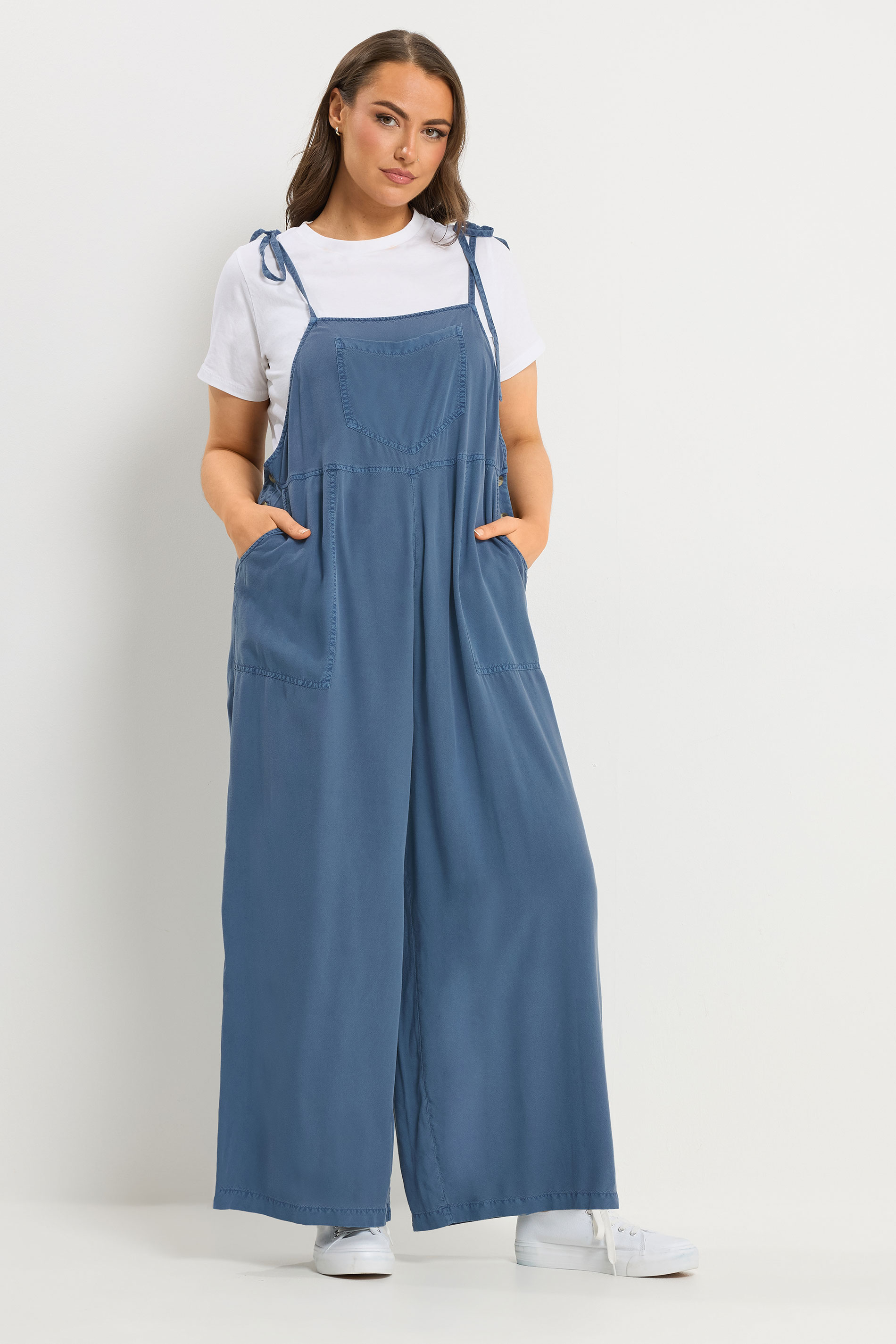 YOURS Plus Size Blue Chambray Wide Leg Dungarees | Yours Clothing 3