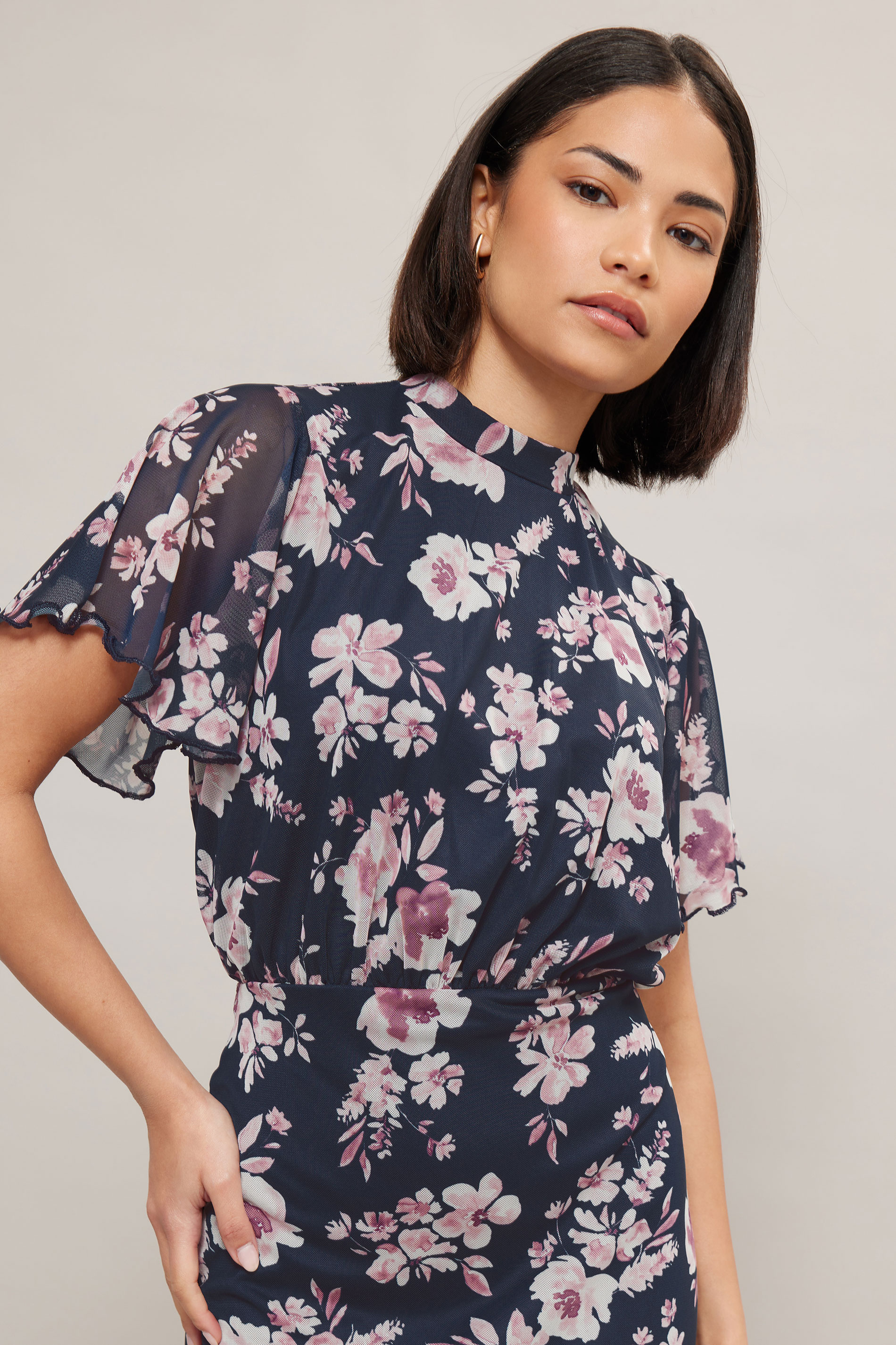 PixieGirl Petite Women's Navy Blue Floral Print Flutter Sleeve Dress | PixieGirl 1