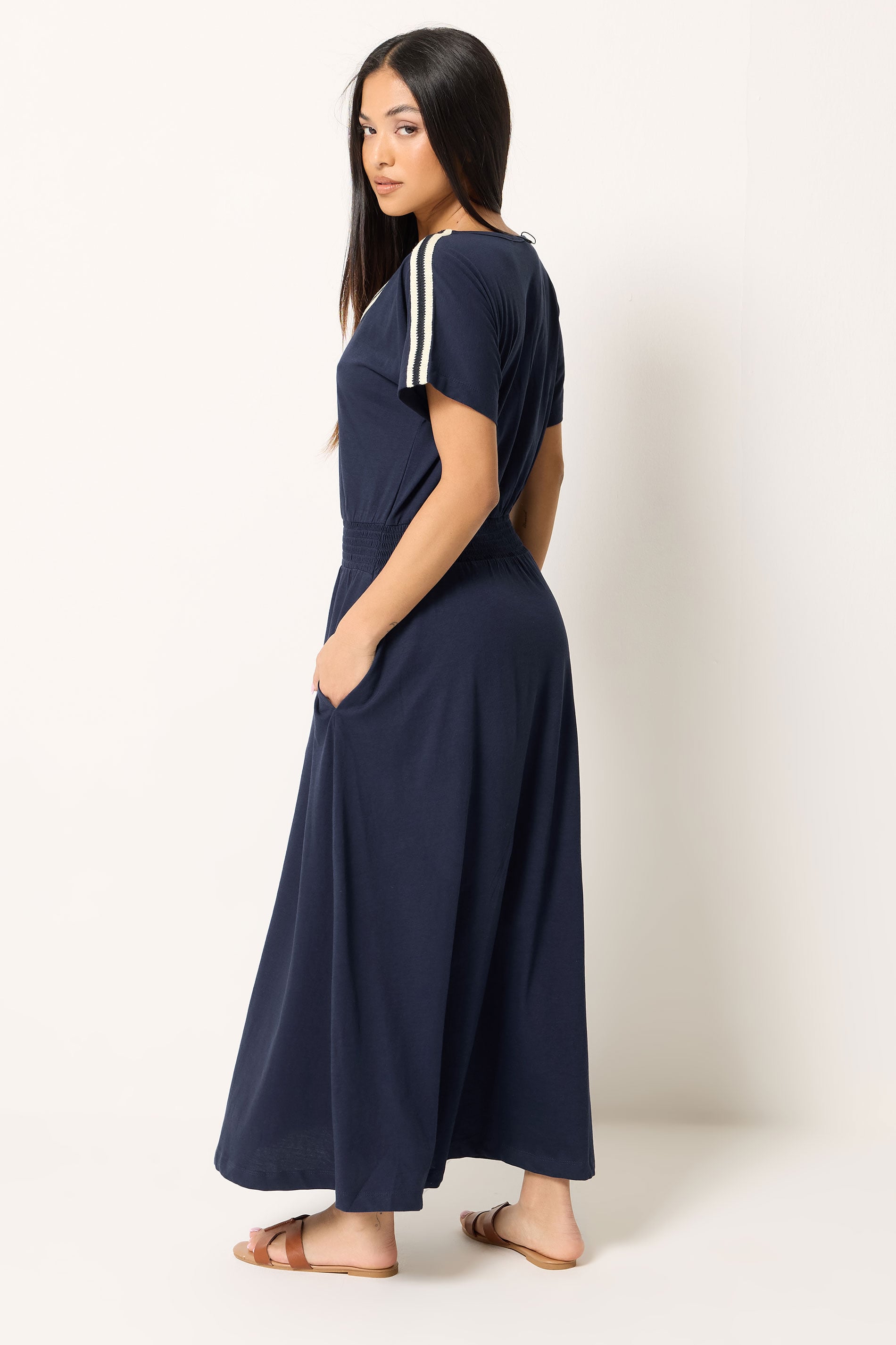 M&Co Petite Navy Blue Woven Trim Detail Cotton Maxi Dress | M&Co 2