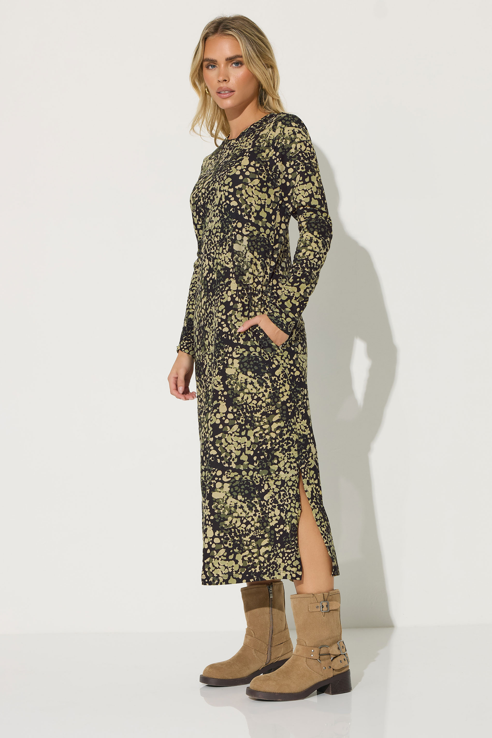 PixieGirl Petite Women's Khaki Green Abstract Animal Long Sleeve Cotton T-Shirt Dress | PixieGirl 2