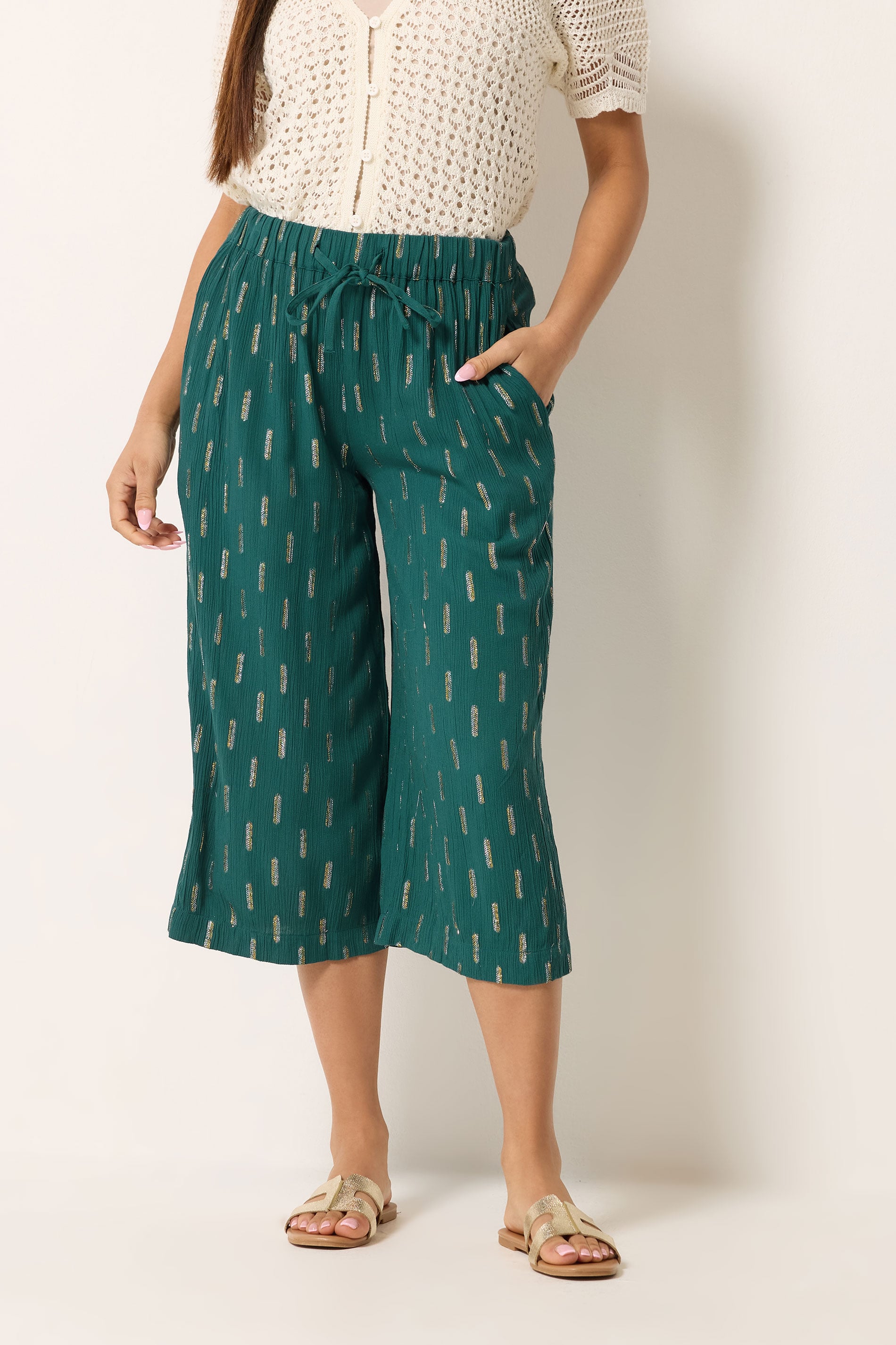 M&Co Petite Teal Green Foil Detail Cropped Trousers | M&Co 1