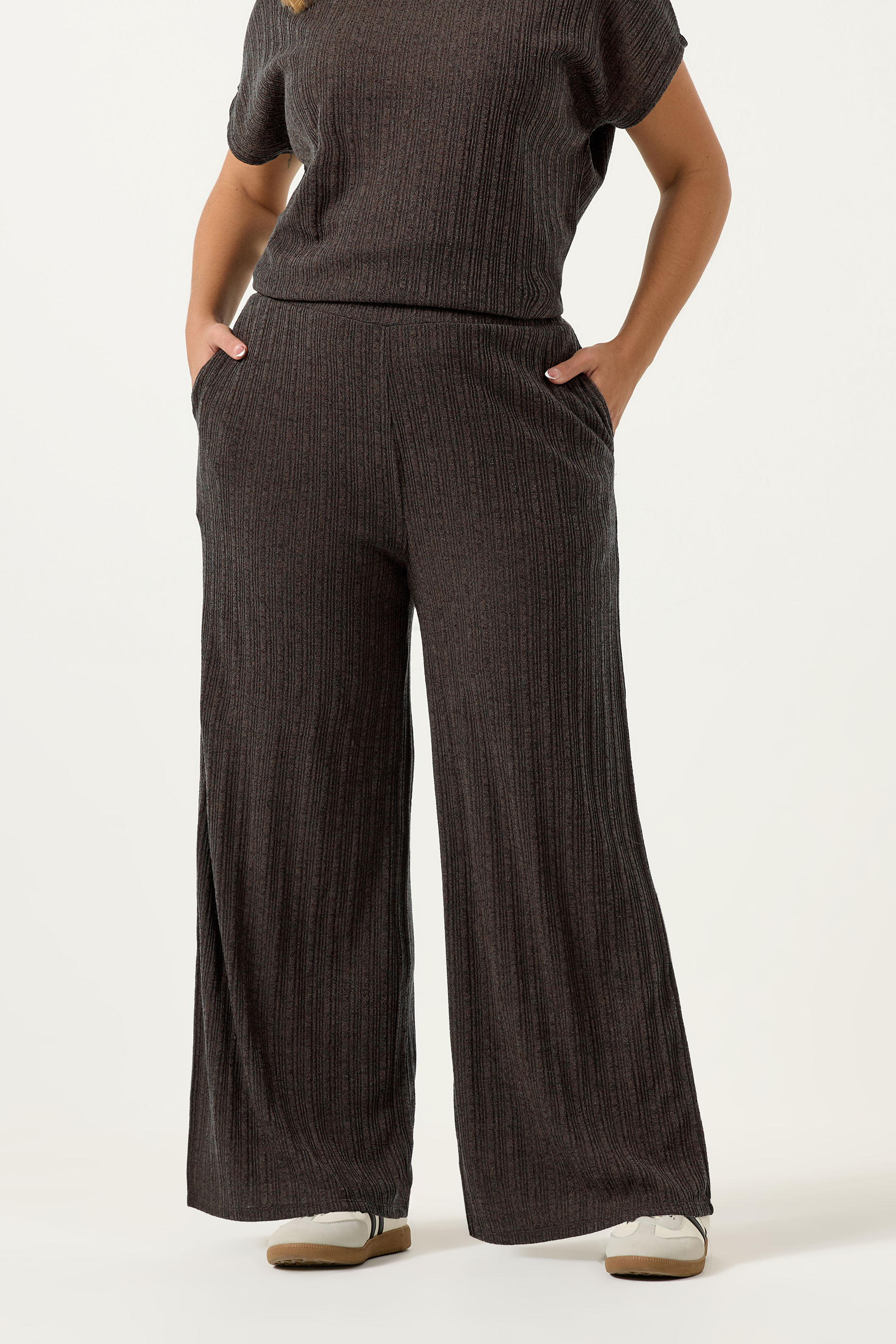 YOURS Plus Size Chocolate Brown Knitted Wide Leg Trousers | Yours Clothing 1