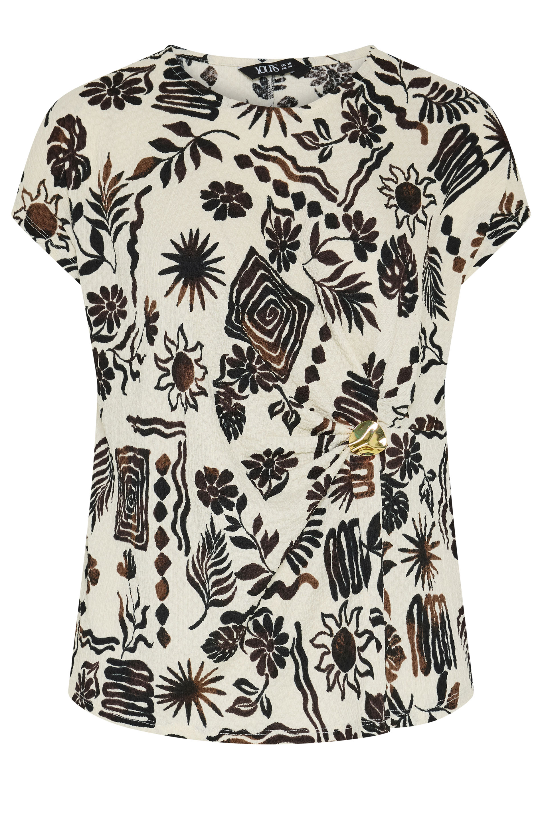YOURS Plus Size Natural Brown Summer Print Crinkle Grown On Sleeve Top | Yours Clothing 5