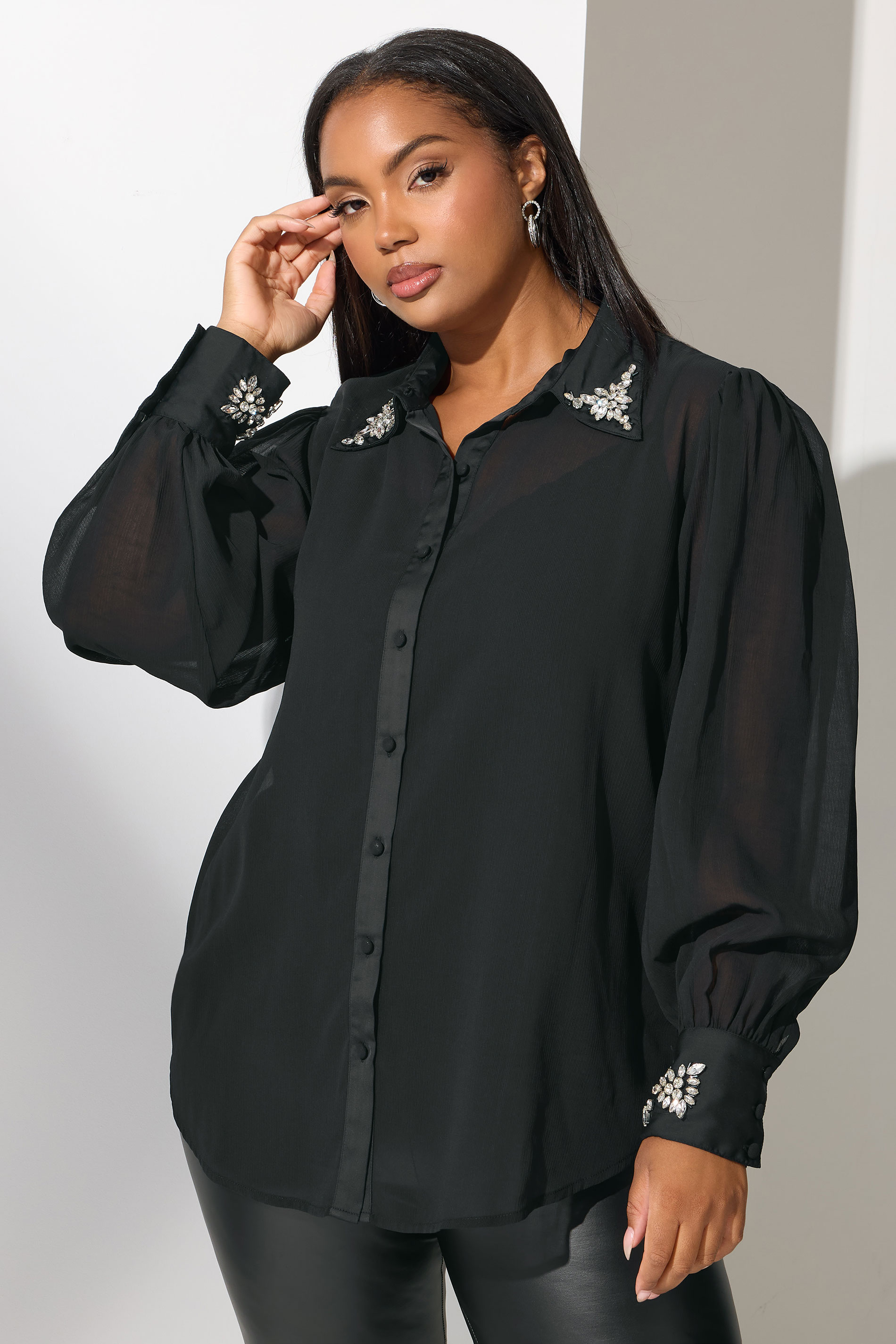 YOURS LONDON Plus Size Black Diamante Detail Shirt | Yours Clothing 3