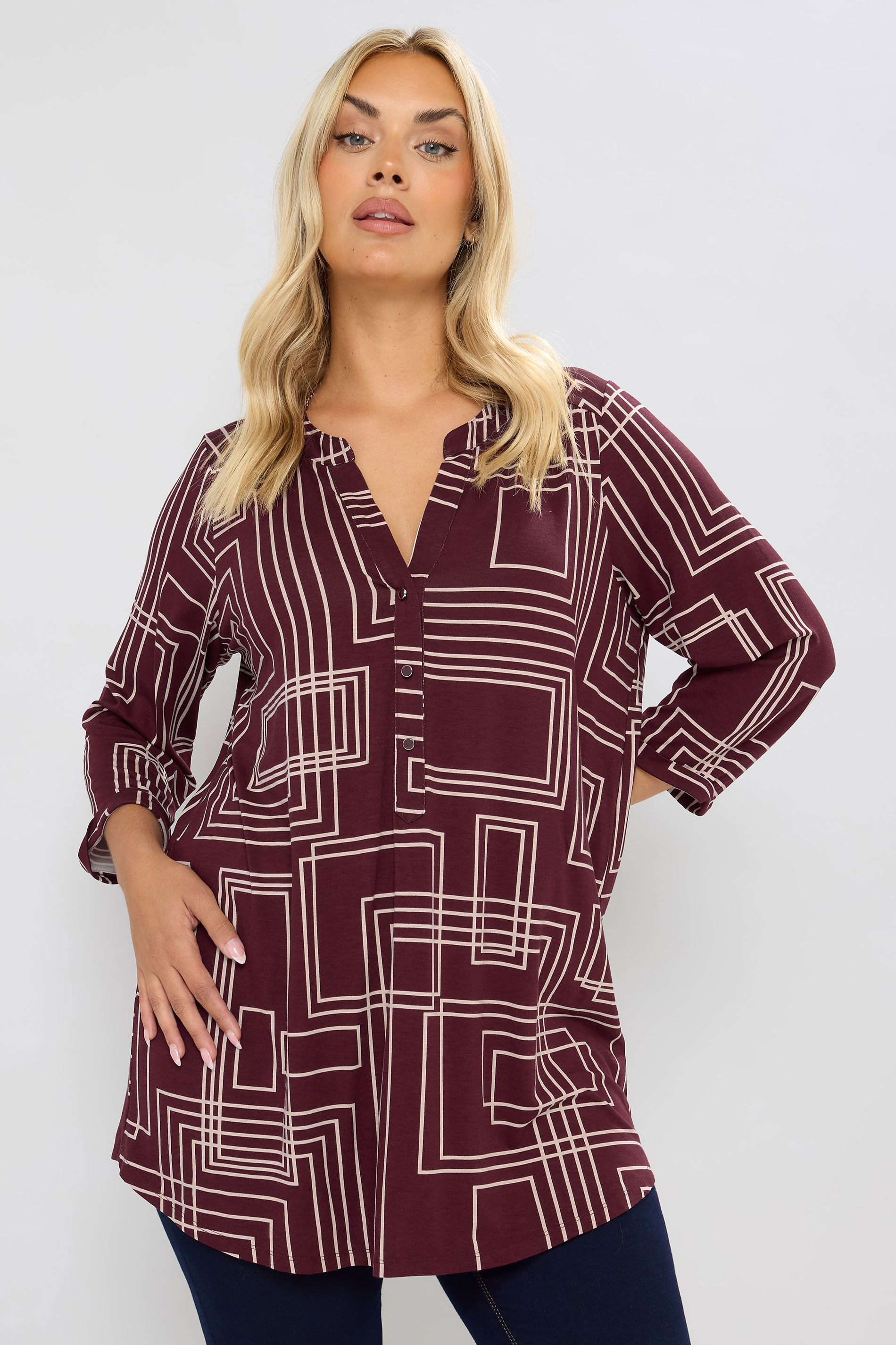 YOURS Plus Size Burgundy Red Abstract Half Placket Shirt | Yours Clothing 3