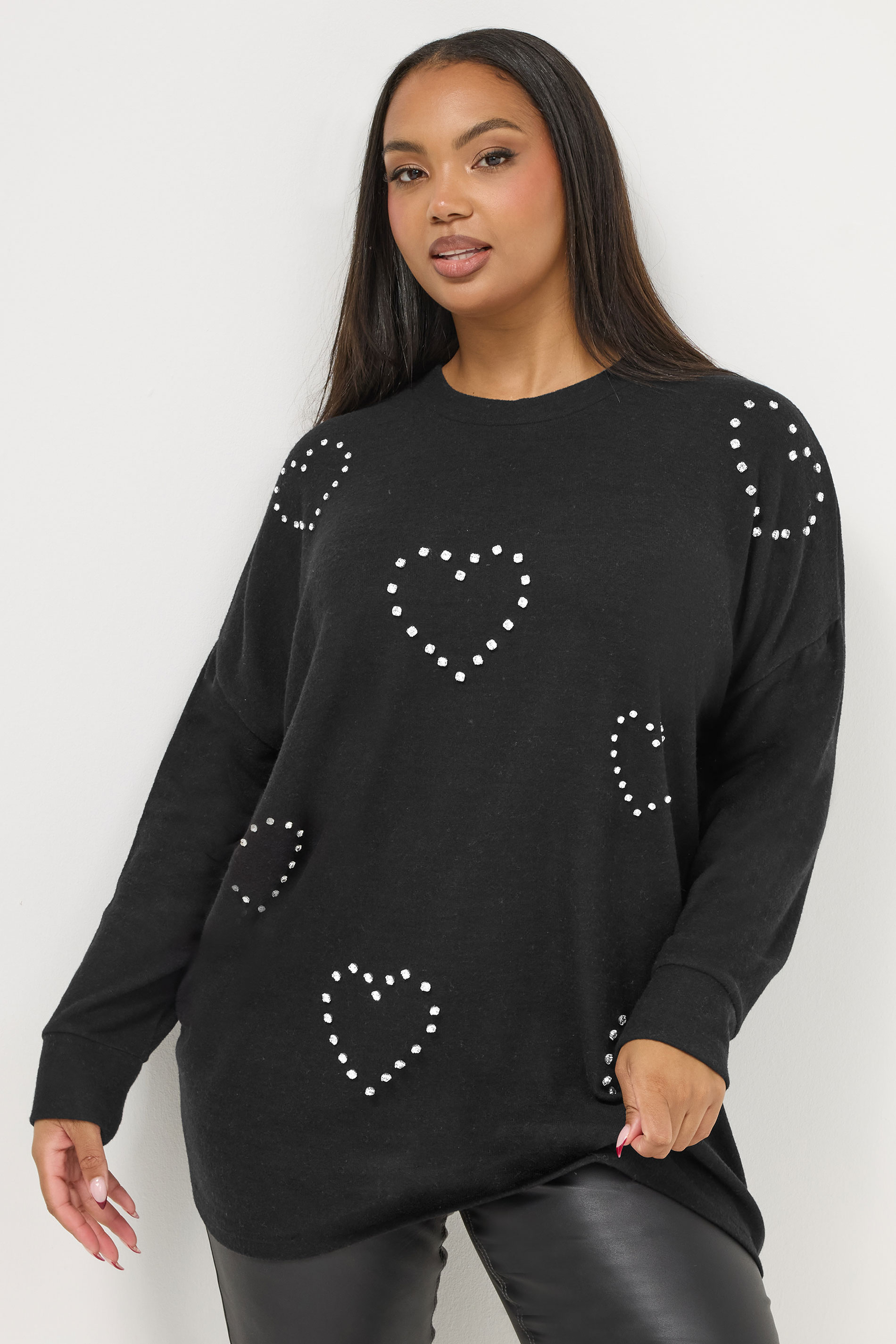 YOURS Plus Size Black Diamante Heart Jumper | Yours Clothing 3