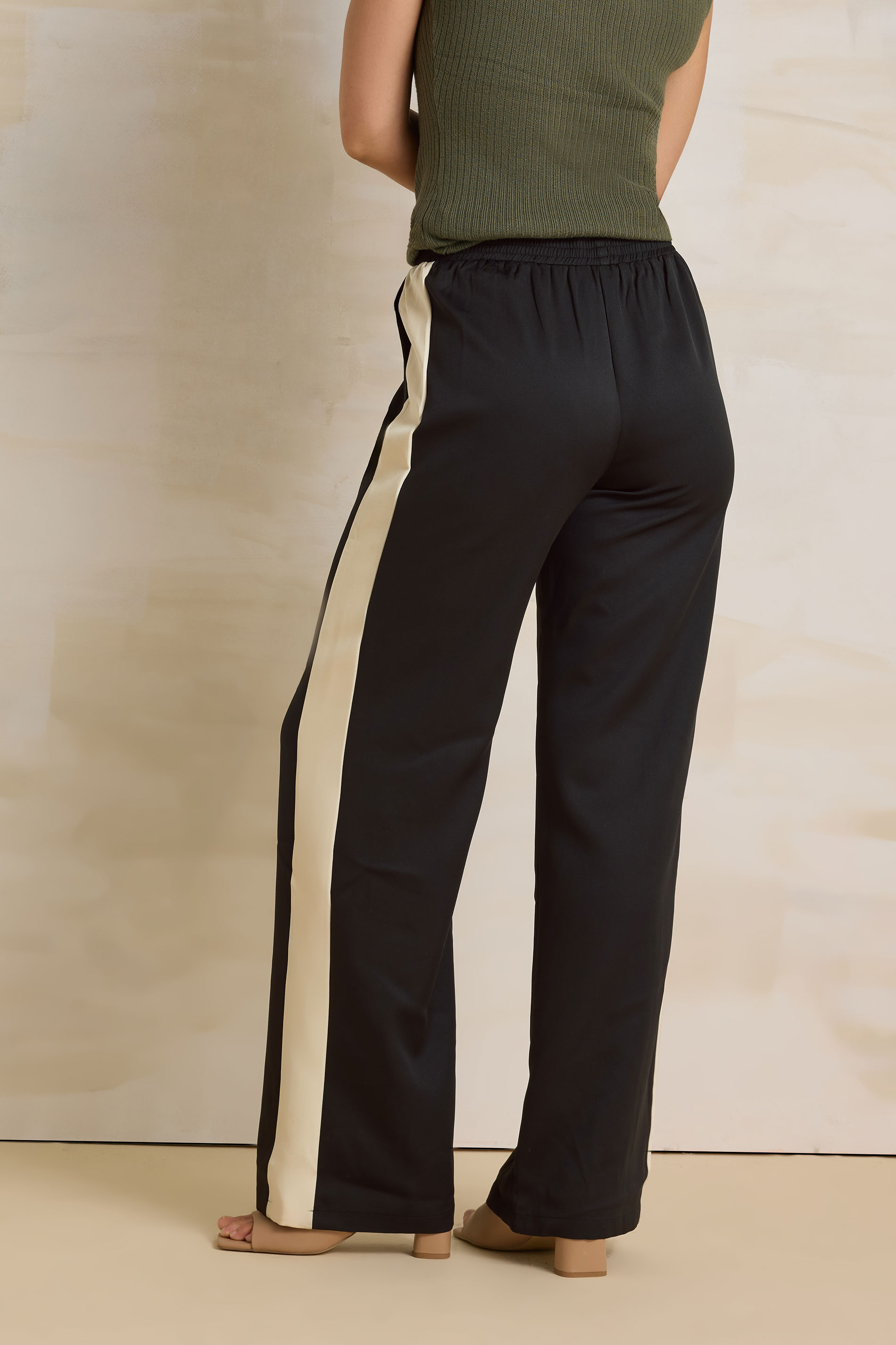 LTS Tall Black & Natural Brown Side Stripe Front Seam Wide Leg Trousers | Long Tall Sally 2