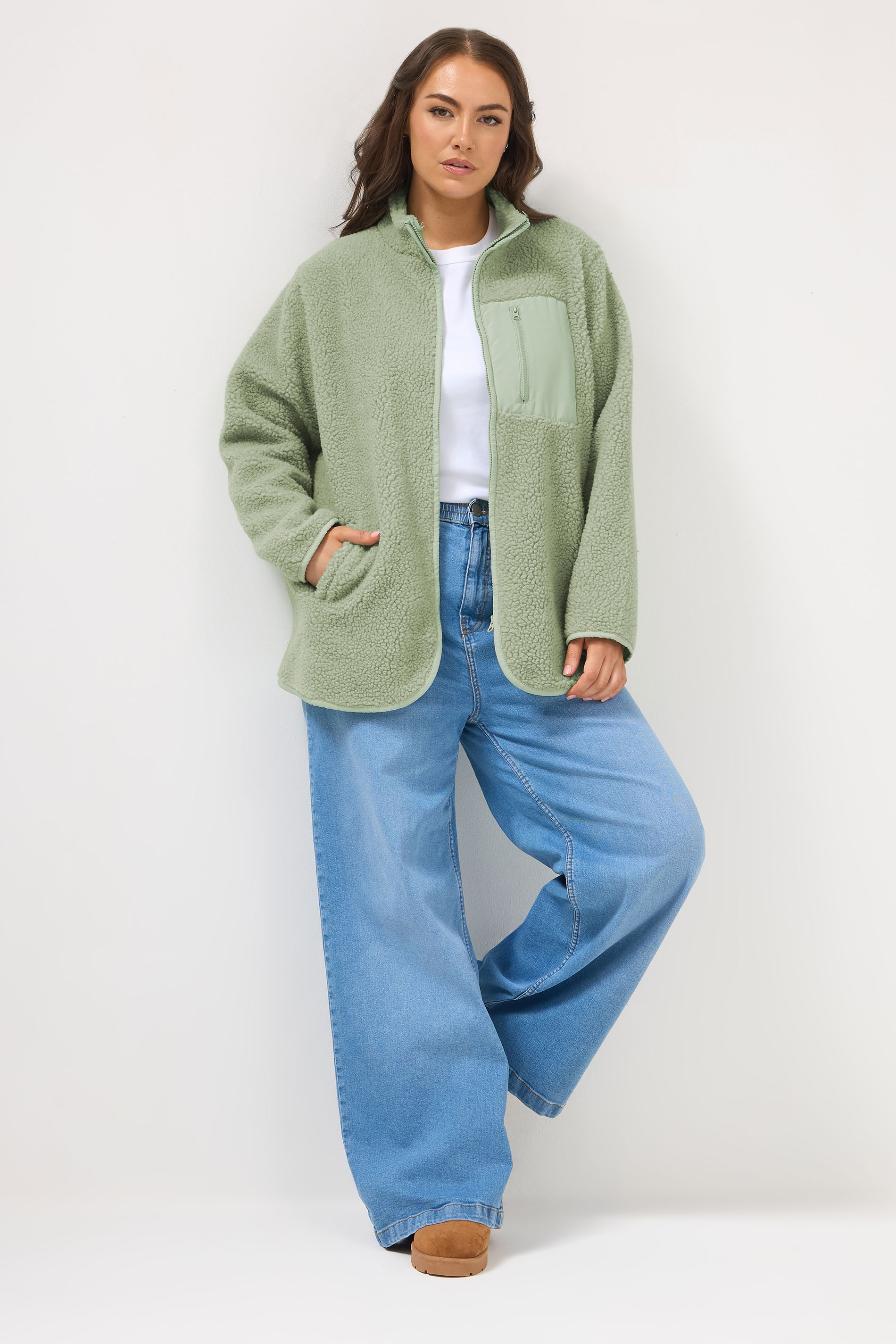 YOURS Plus Size Sage Green Pocket Teddy Fleece Jacket | Yours Clothing 2
