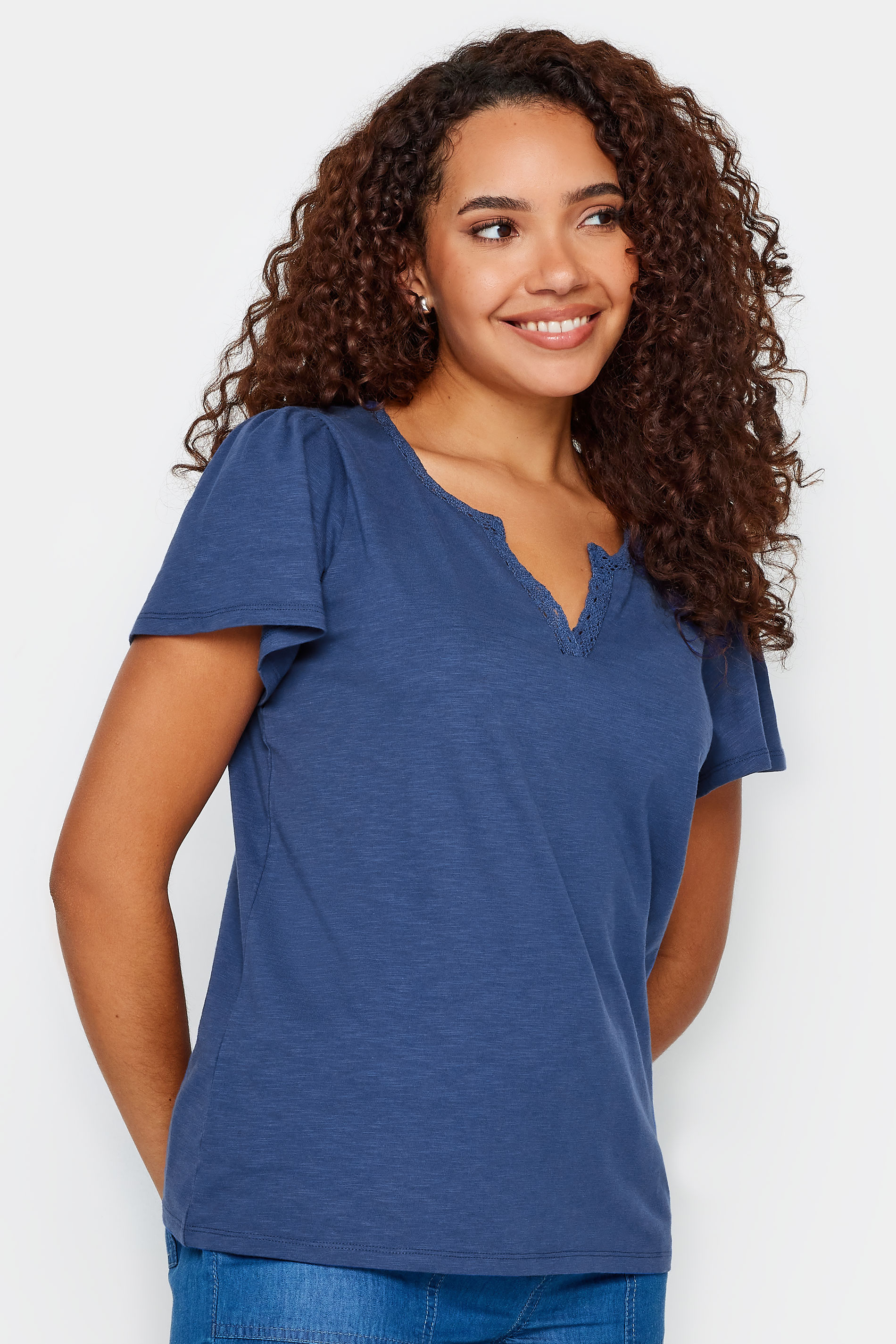 M&Co Navy Blue Lace Trim Short Sleeve V-Neck Cotton T-Shirt | M&Co 1