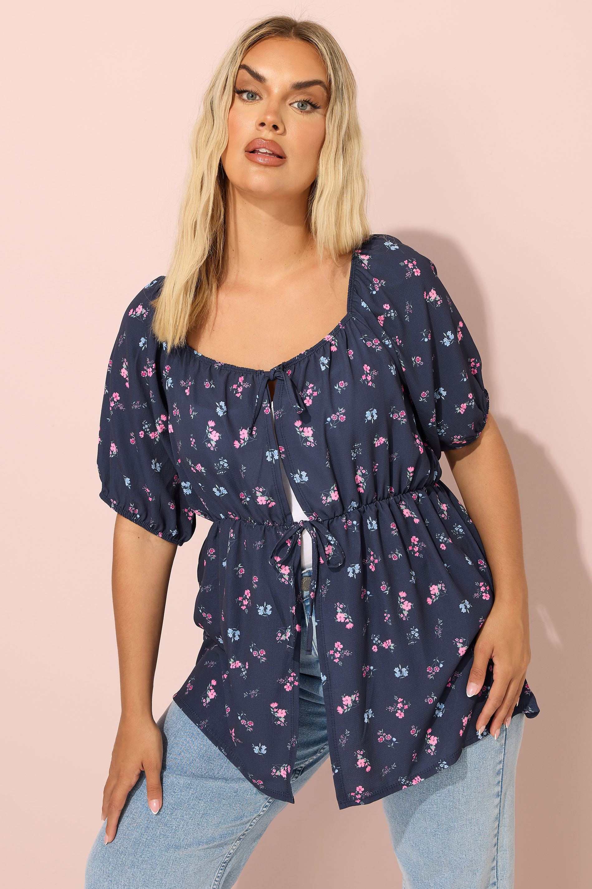 YOURS Plus Size Navy Blue Floral Print Tie Front Top | Yours Clothing 3