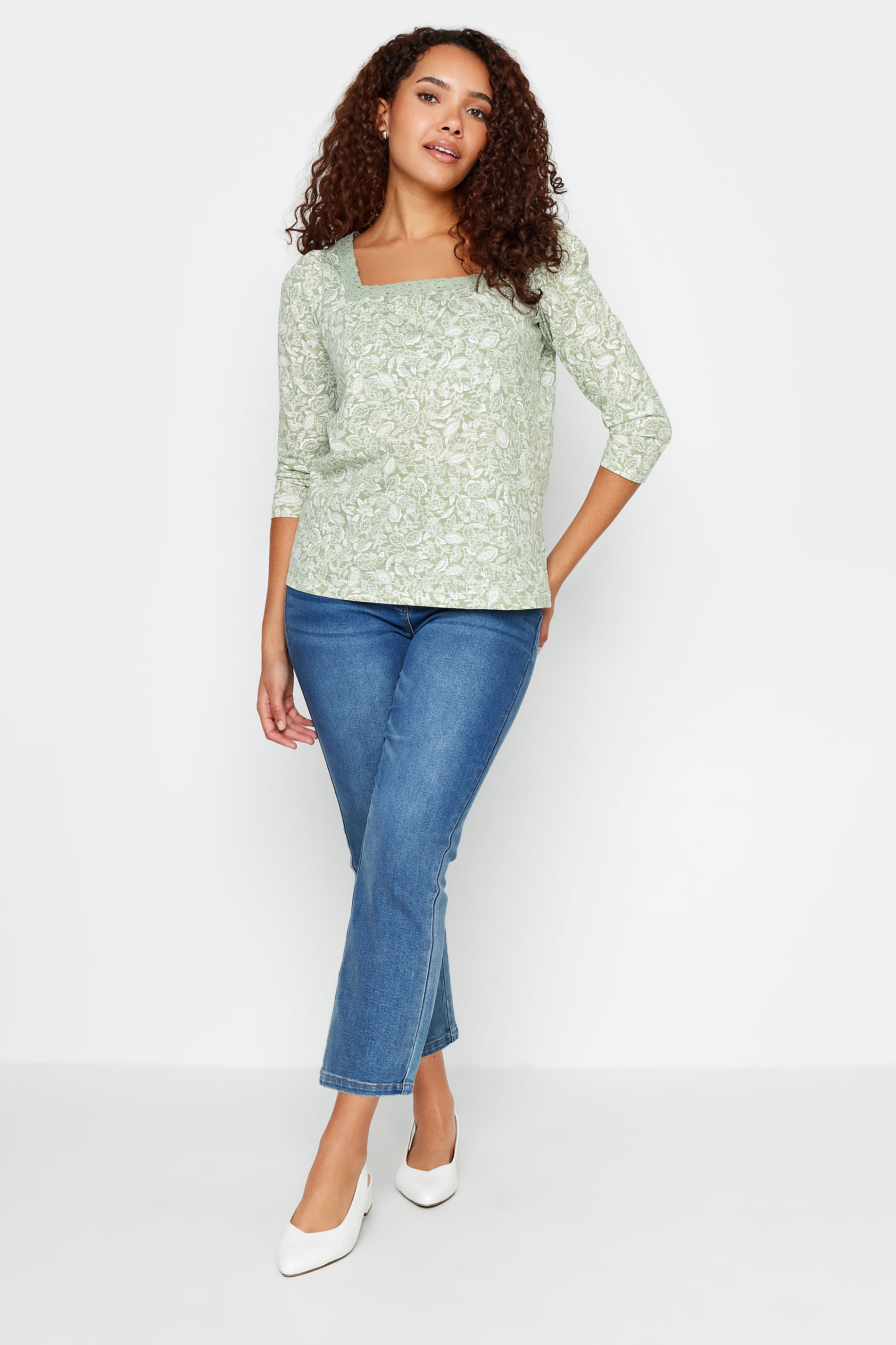 M&Co Green Floral Print Square Neck 3/4 Sleeve Top | M&Co 2