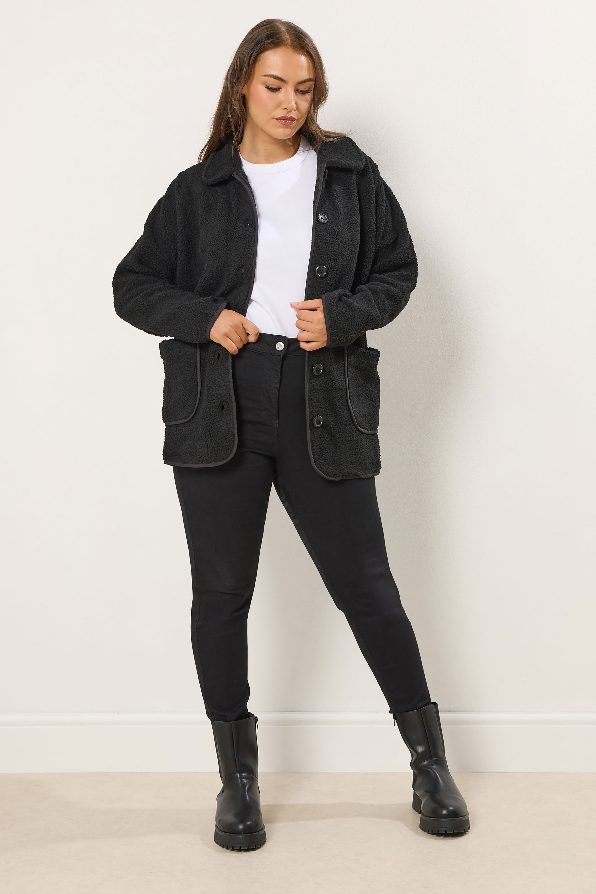YOURS Plus Size Black Button Teddy Fleece Jacket | Yours Clothing 2