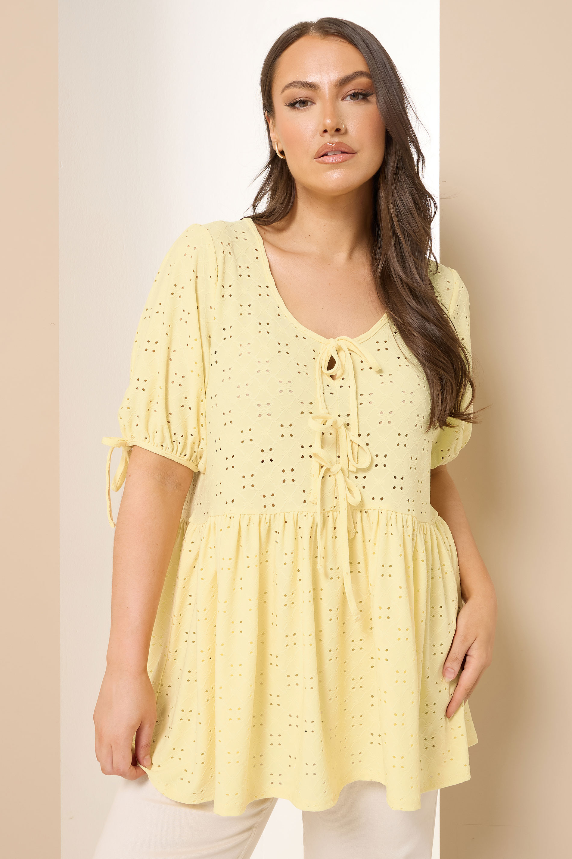 YOURS Plus Size Yellow Broderie Anglaise Tie Front Peplum Top | Yours Clothing 3