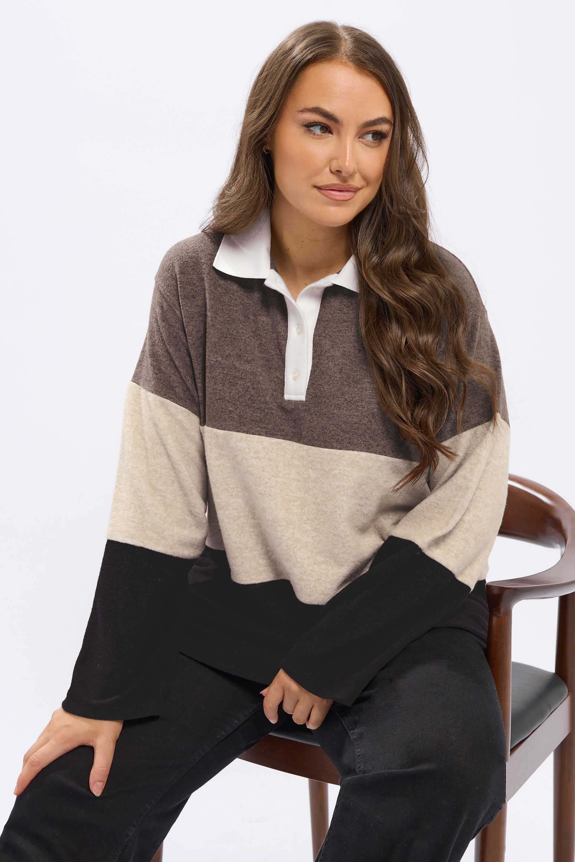 YOURS Plus Size Natural Brown Colourblock Rugby Collar Top | Yours Clothing 1