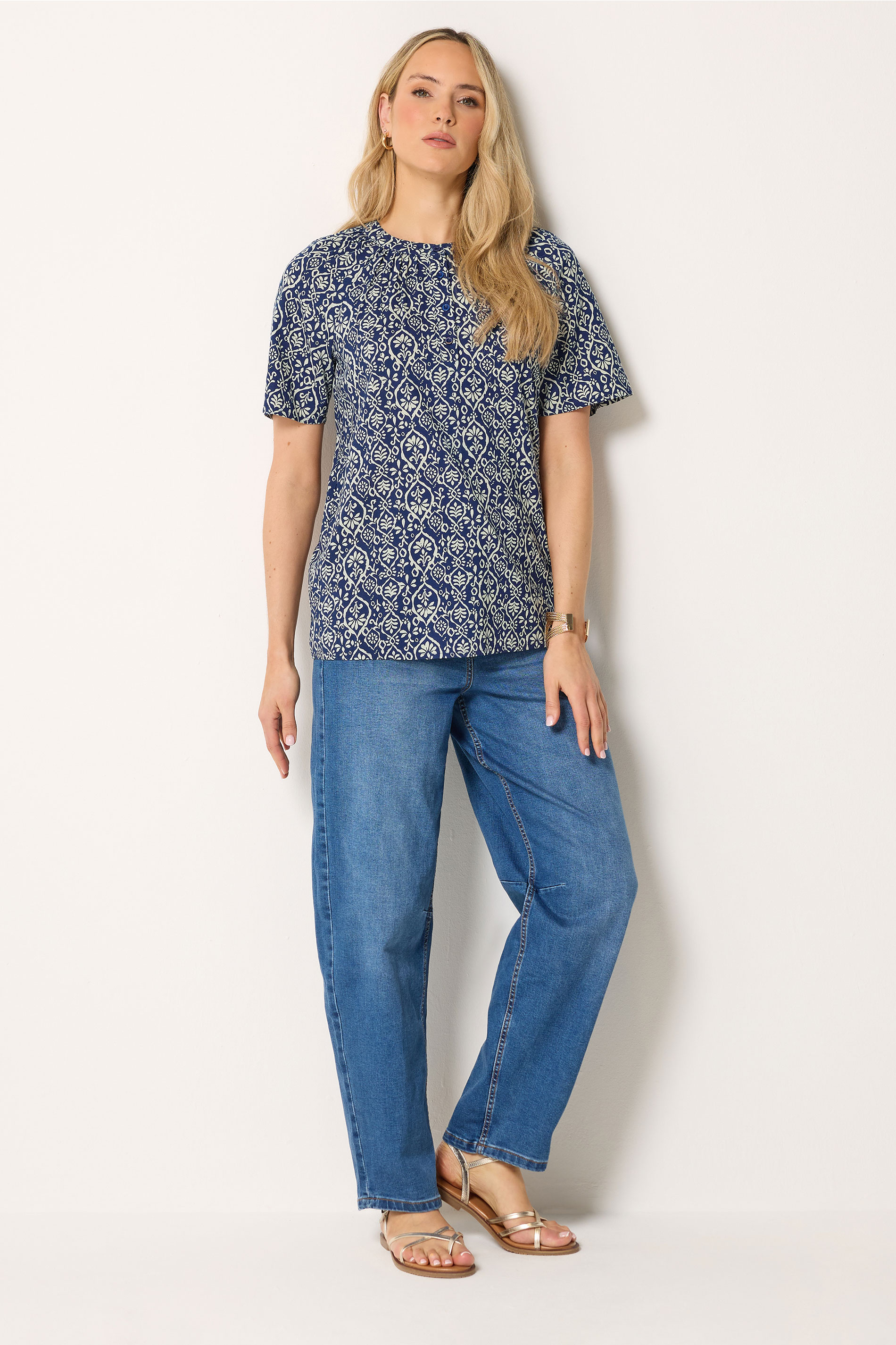 LTS Tall Navy Blue Geometric Placket Blouse | Long Tall Sally 1