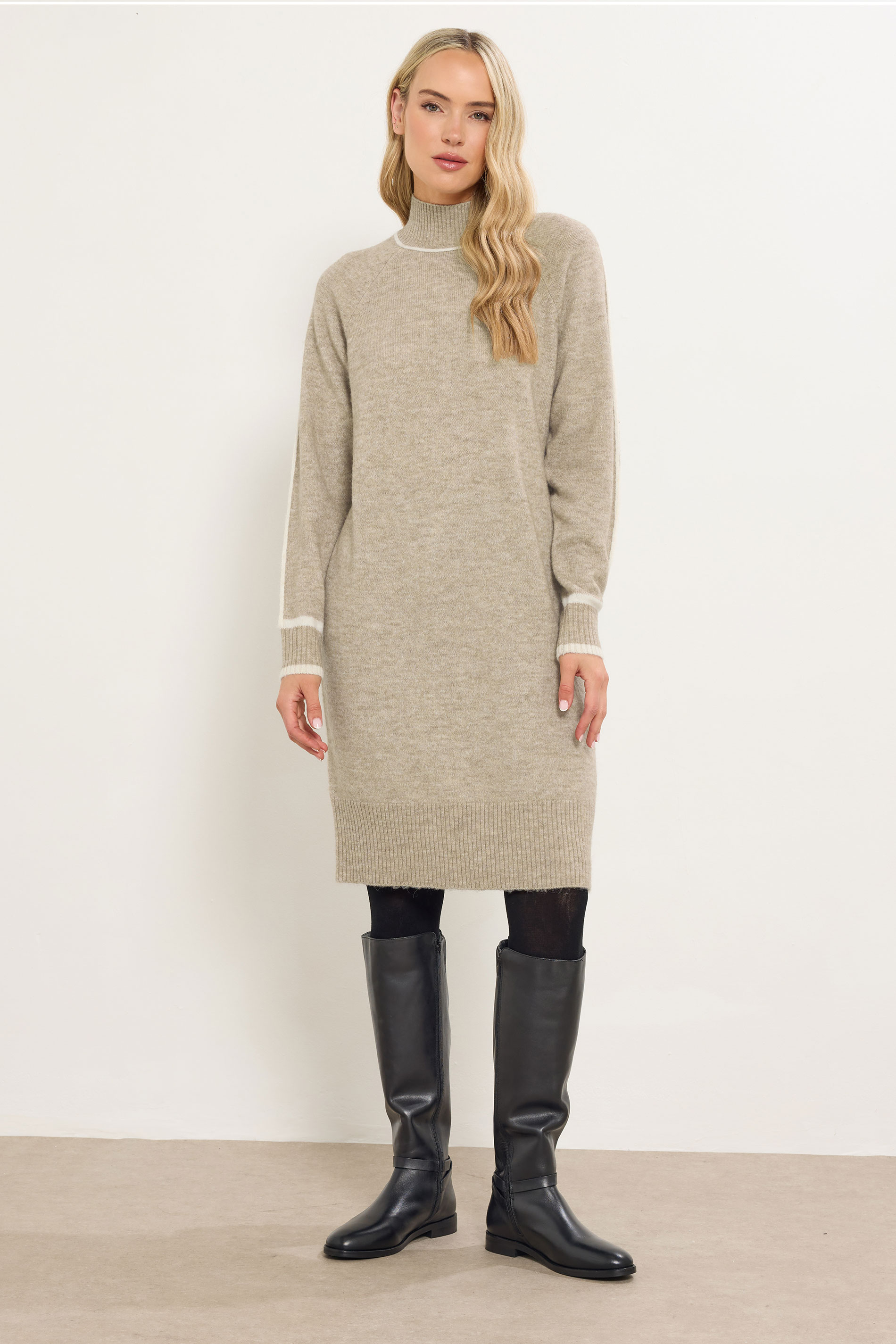 LTS Tall Beige Brown Contrast Trim Jumper Dress | Long Tall Sally 2