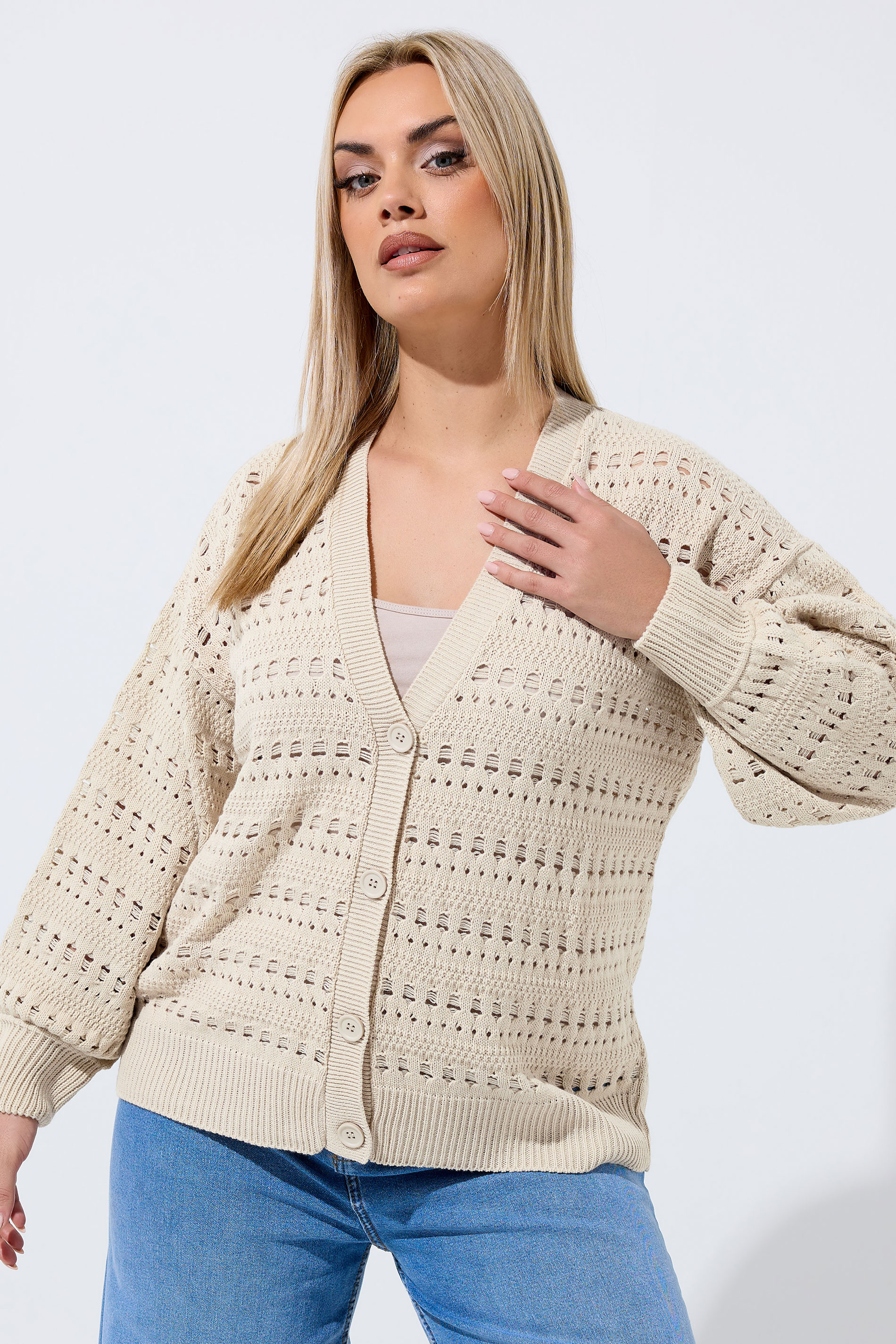 LIMITED COLLECTION Plus Size Cream Crochet Balloon Sleeve Cardigan | Yours Clothing 3