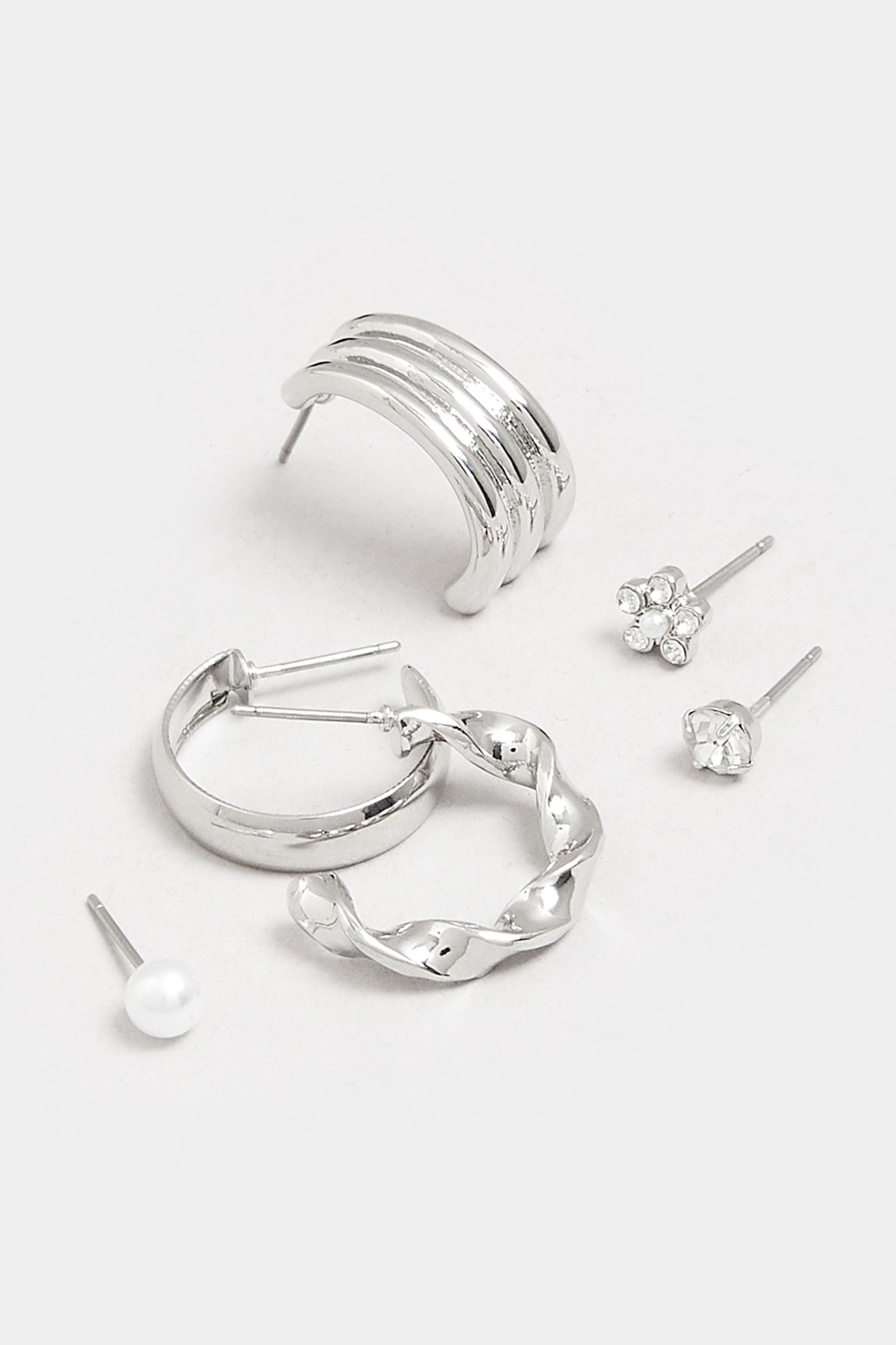6 PACK Silver Tone Hoop & Stud Earrings Set | Yours Clothing 4