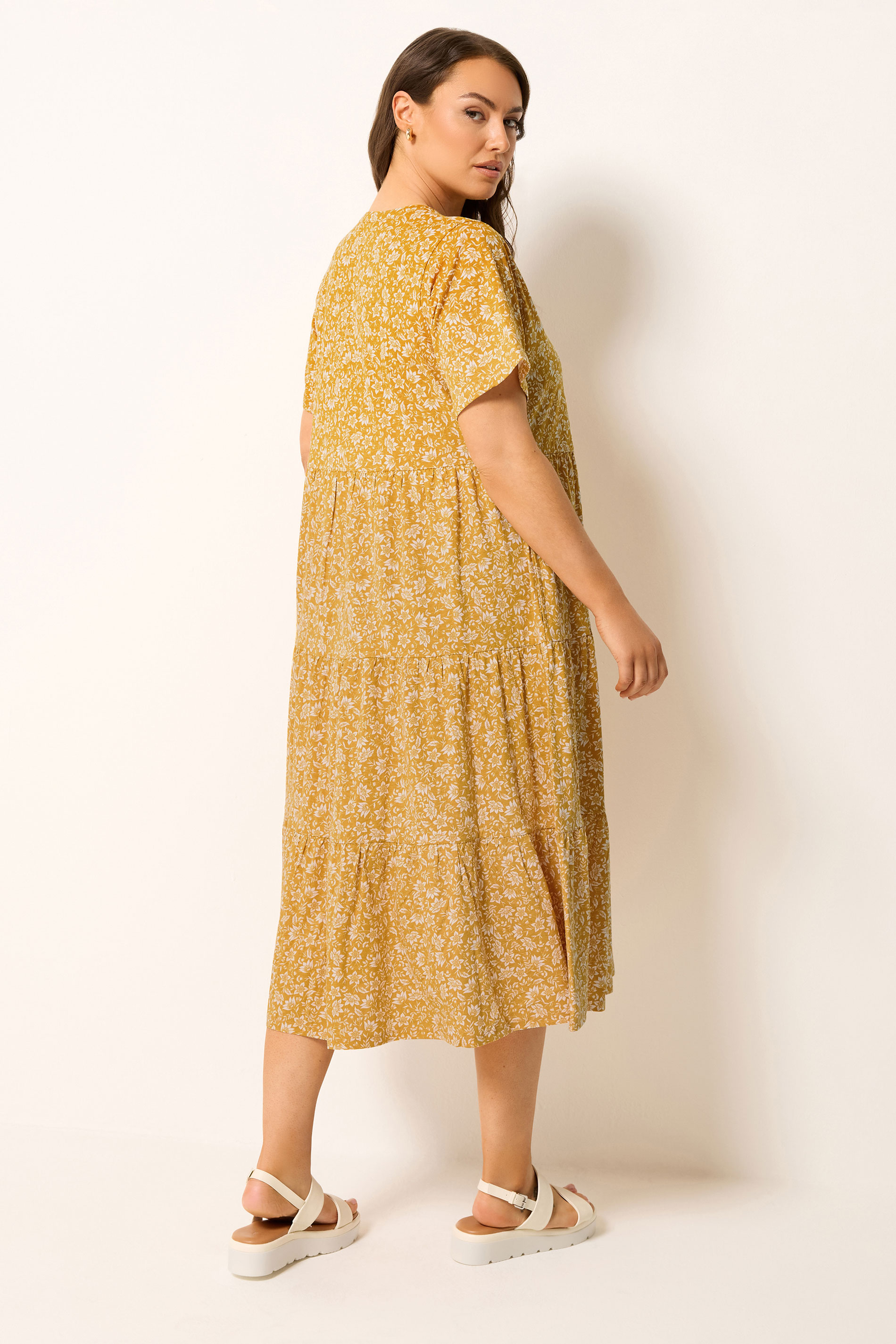 YOURS Plus Size Gold Yellow Floral Tiered Maxi Dress | Yours Clothing 2