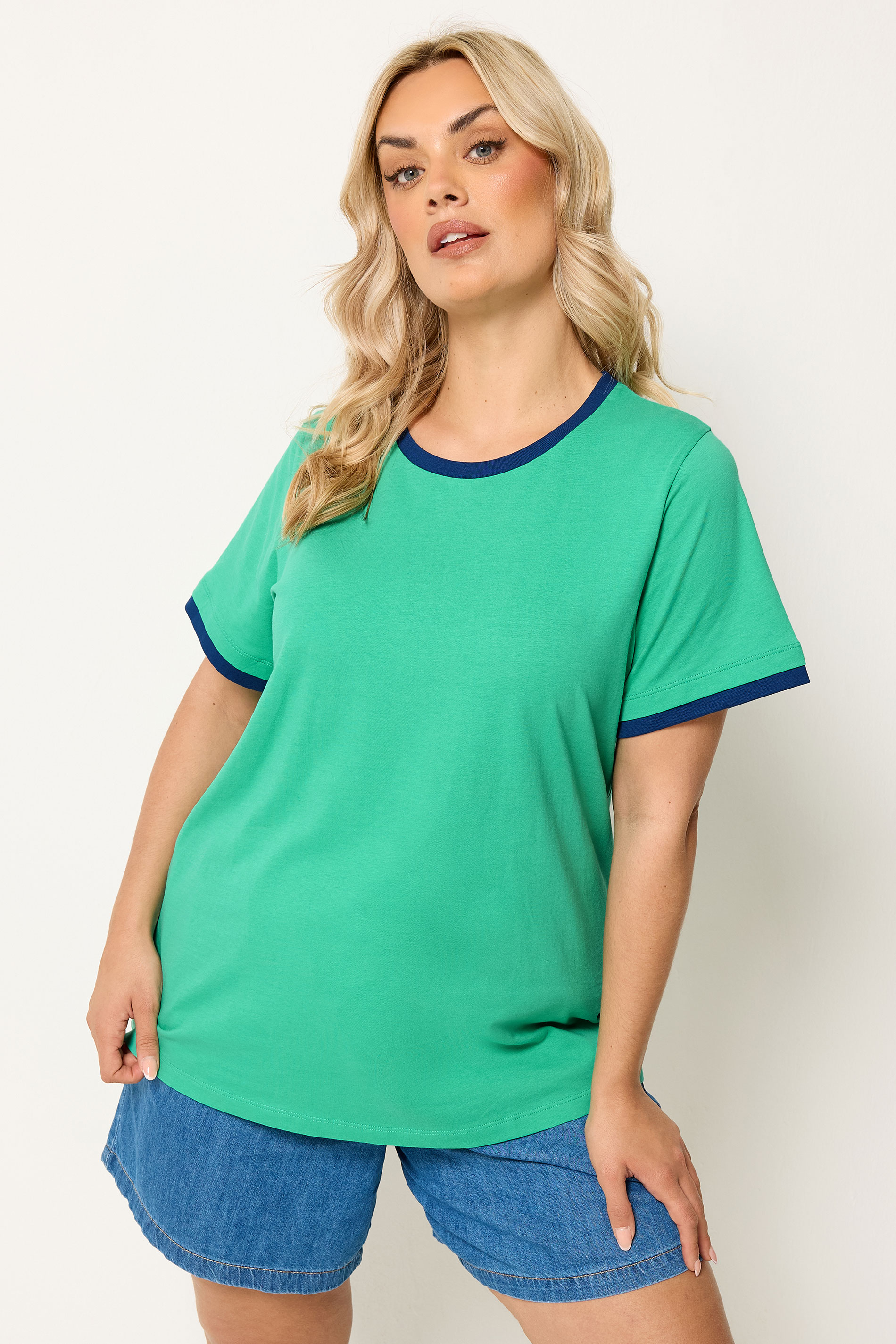 YOURS Plus Size Green Contrast Trim T-Shirt | Yours Clothing 3