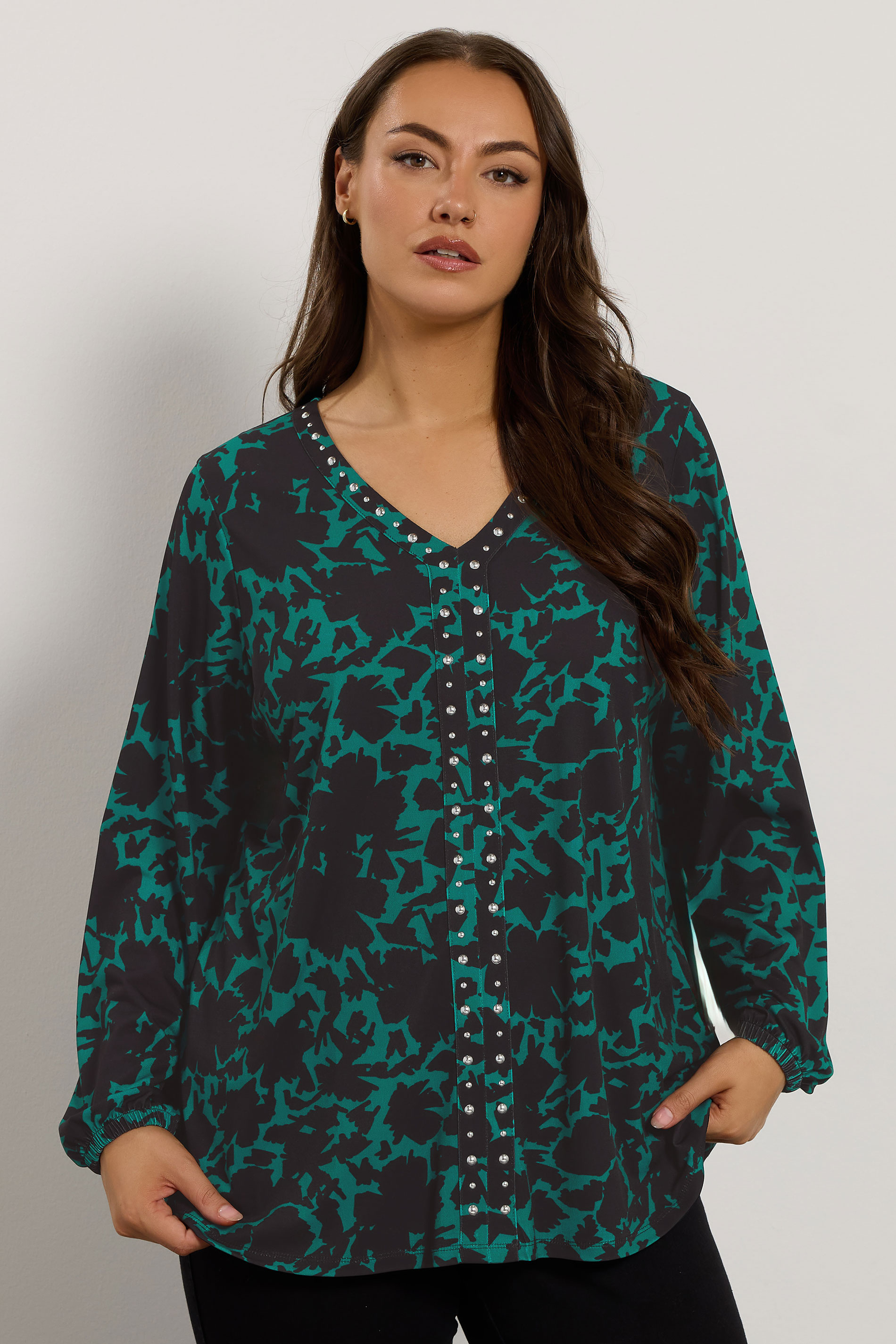 EVANS Plus Size Green Abstract Floral Stud Detail Top | Evans 3