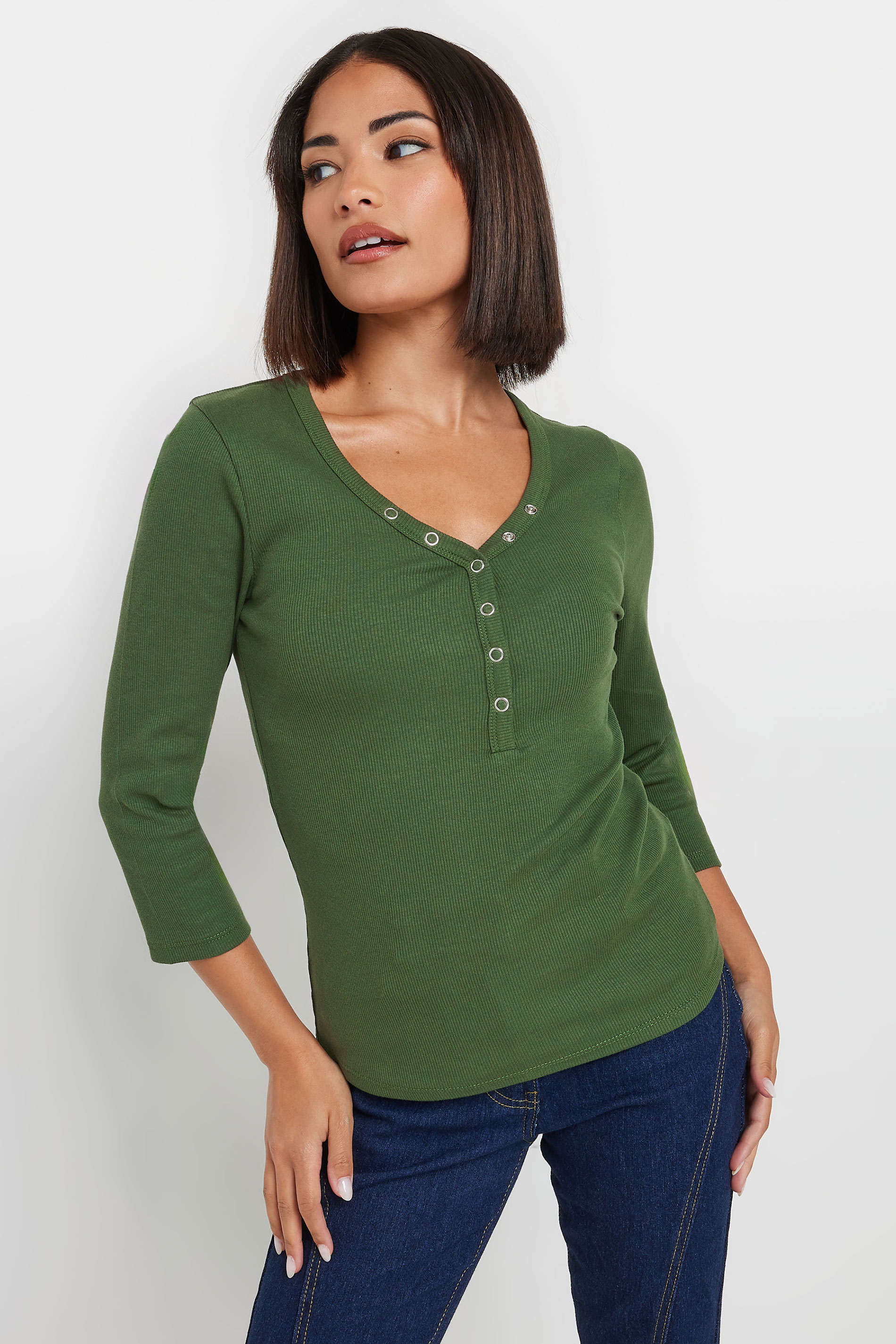 PixieGirl Petite Women's Khaki Green Button Henley Top | PixieGirl 3