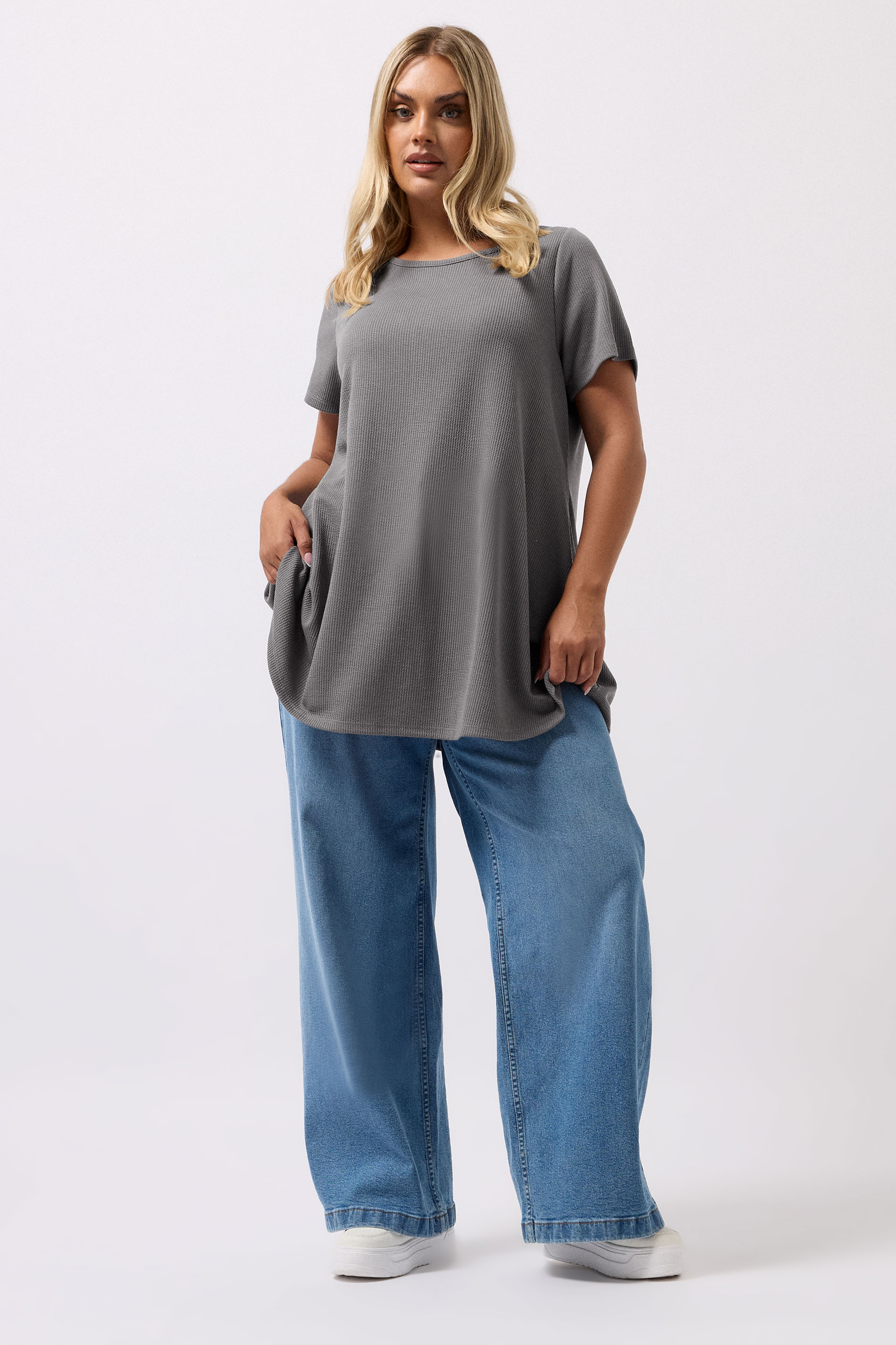 YOURS Plus Size Grey Ribbed Soft Touch T-Shirt | Yours Clothing 1