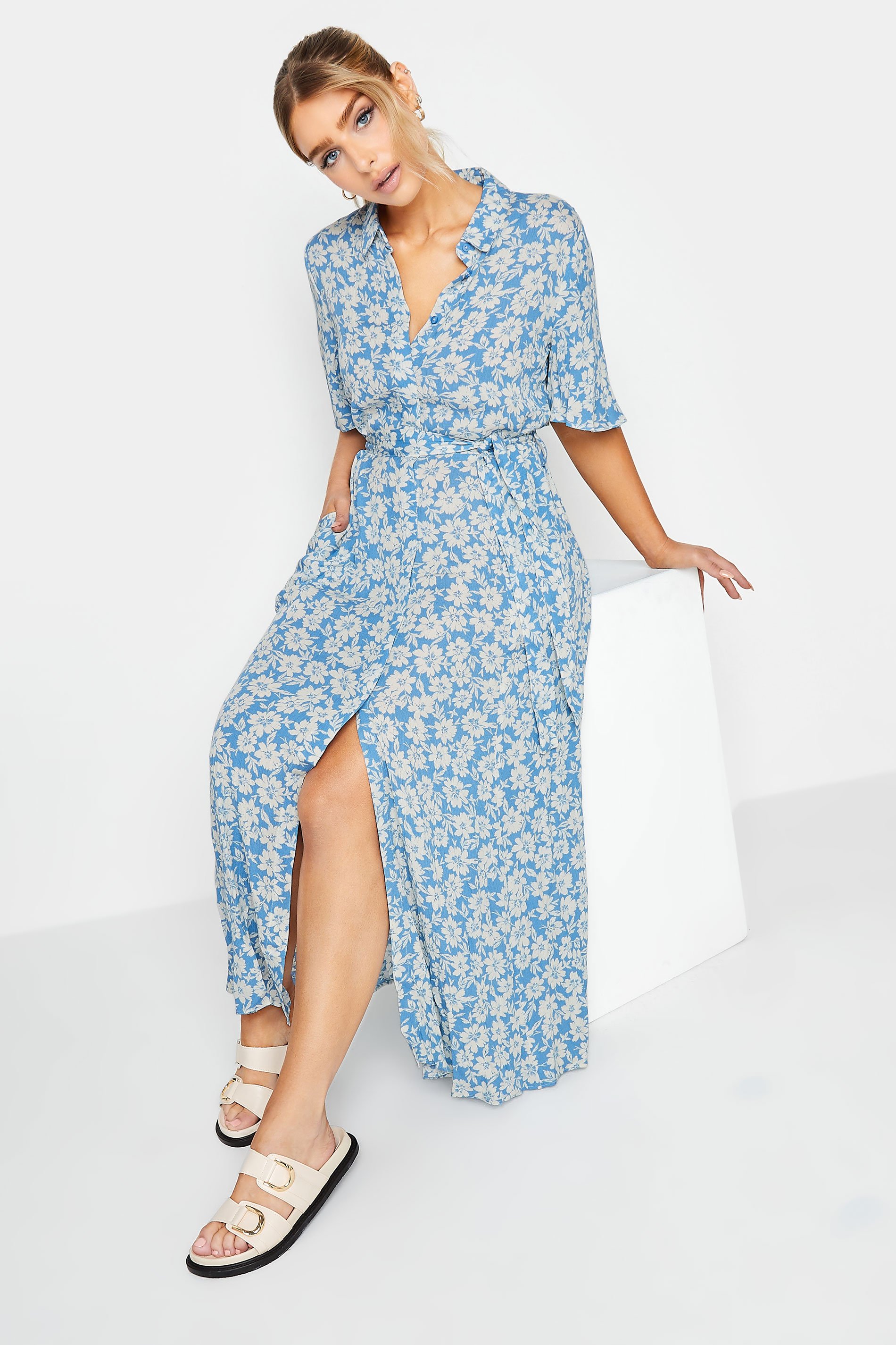 M&Co Light Blue Floral Print Maxi Shirt Dress | M&Co 1