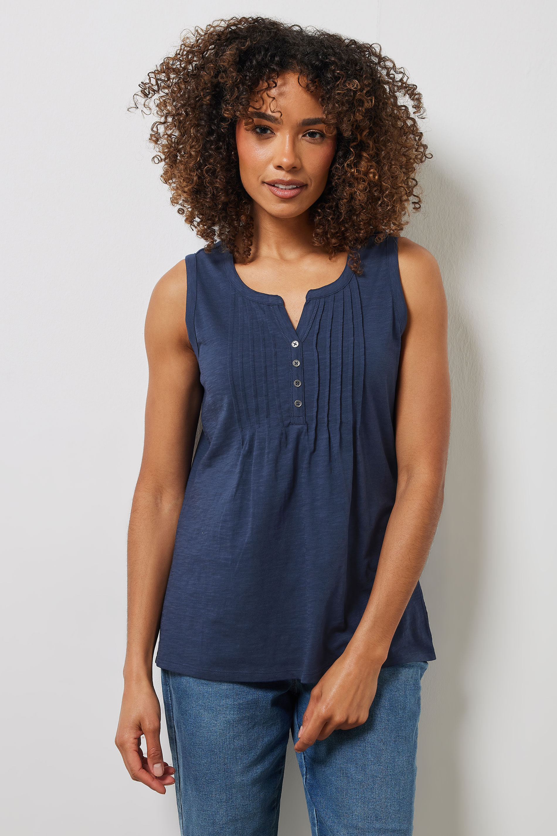 M&Co Navy Blue Cotton Sleeveless Henley Top | M&Co 1
