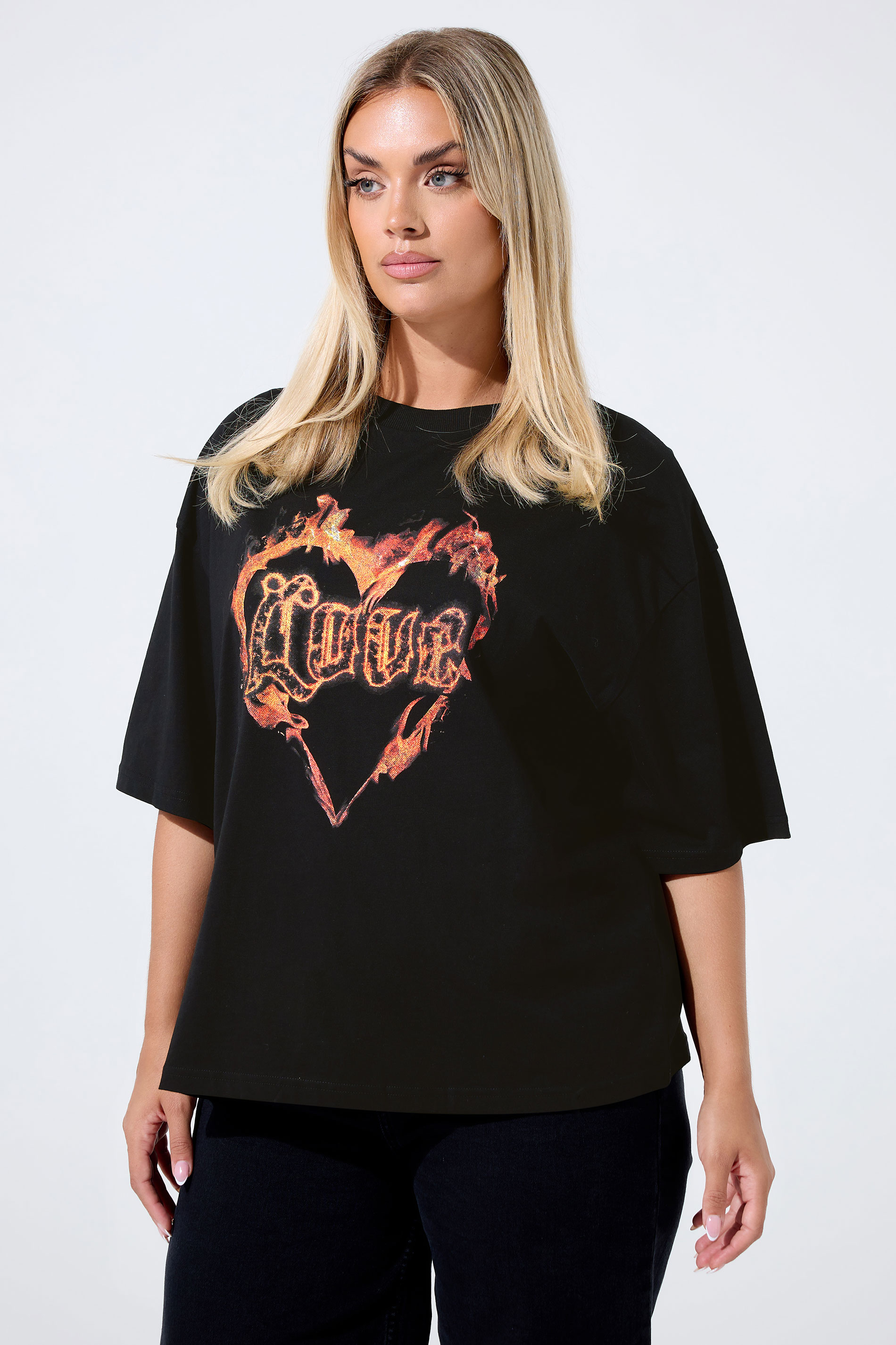 LIMITED COLLECTION Plus Size Black 'Love' Fire Heart T-Shirt | Yours Clothing 3