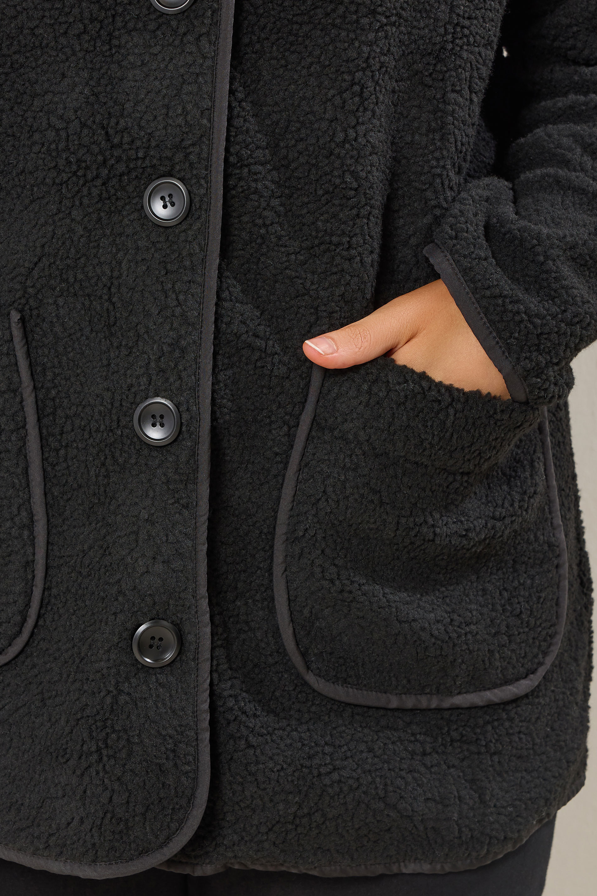 YOURS Plus Size Black Button Teddy Fleece Jacket | Yours Clothing 5