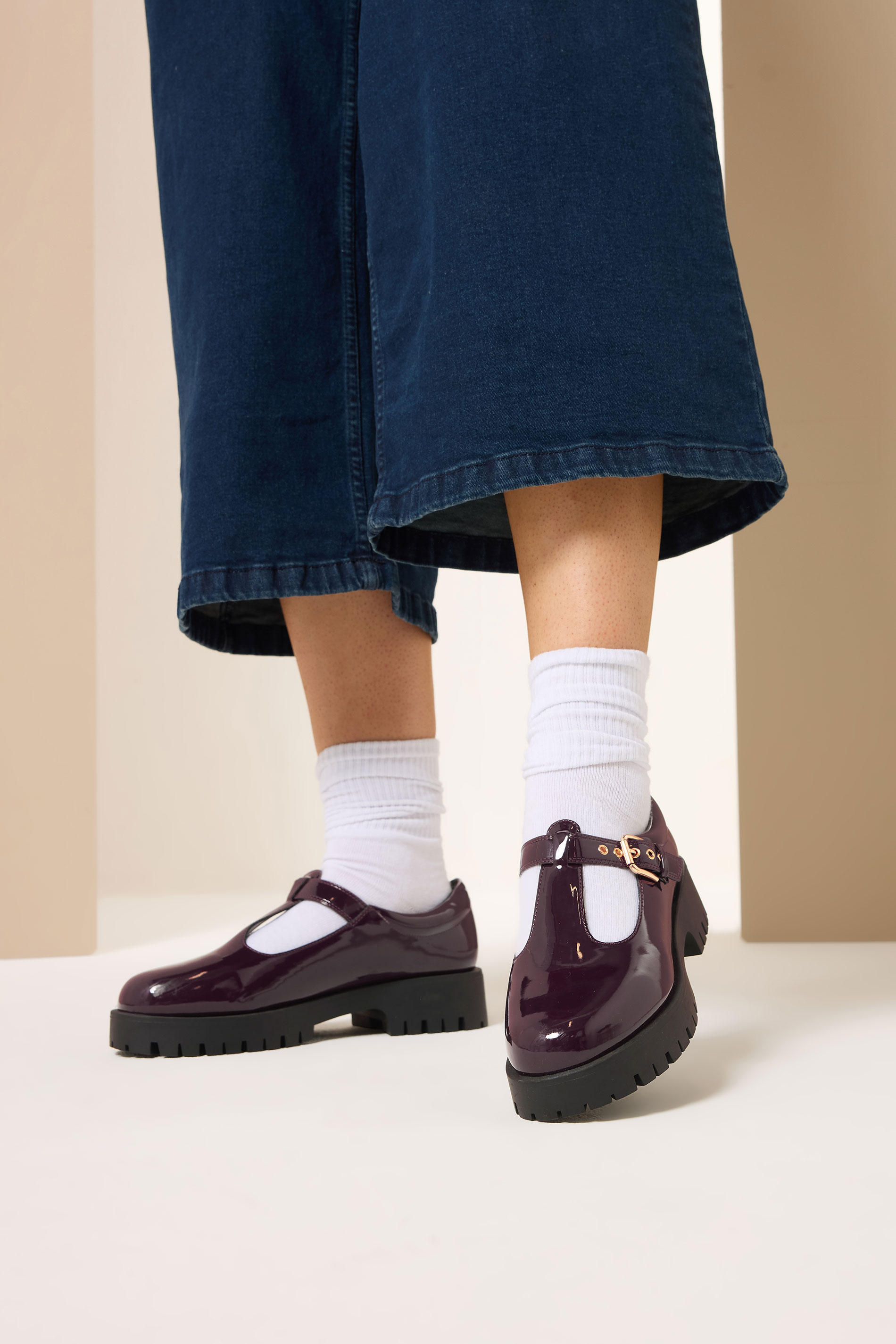 Burgundy Red Patent Chunky T-Bar Mary Janes In Extra Wide EEE Fit | Yours Clothing 1