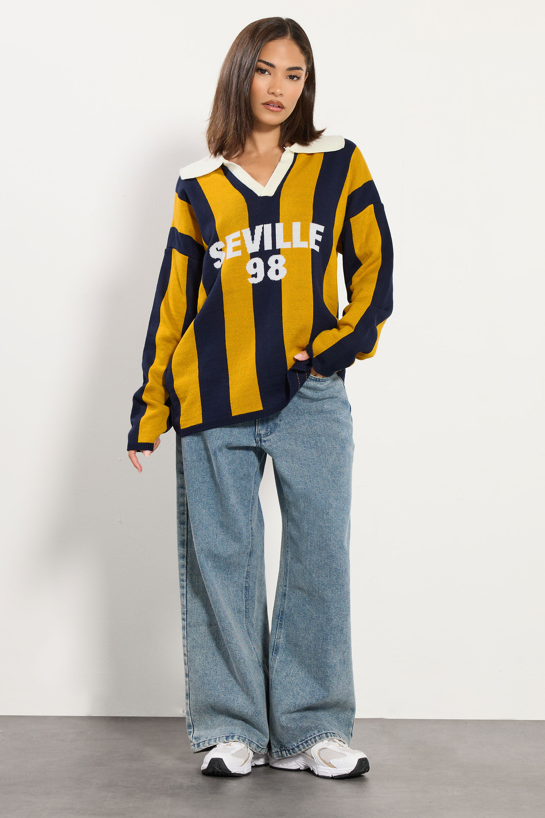 PixieGirl Petite Women's Blue 'Seville' Knitted Stripe Collar Jumper | PixieGirl 1