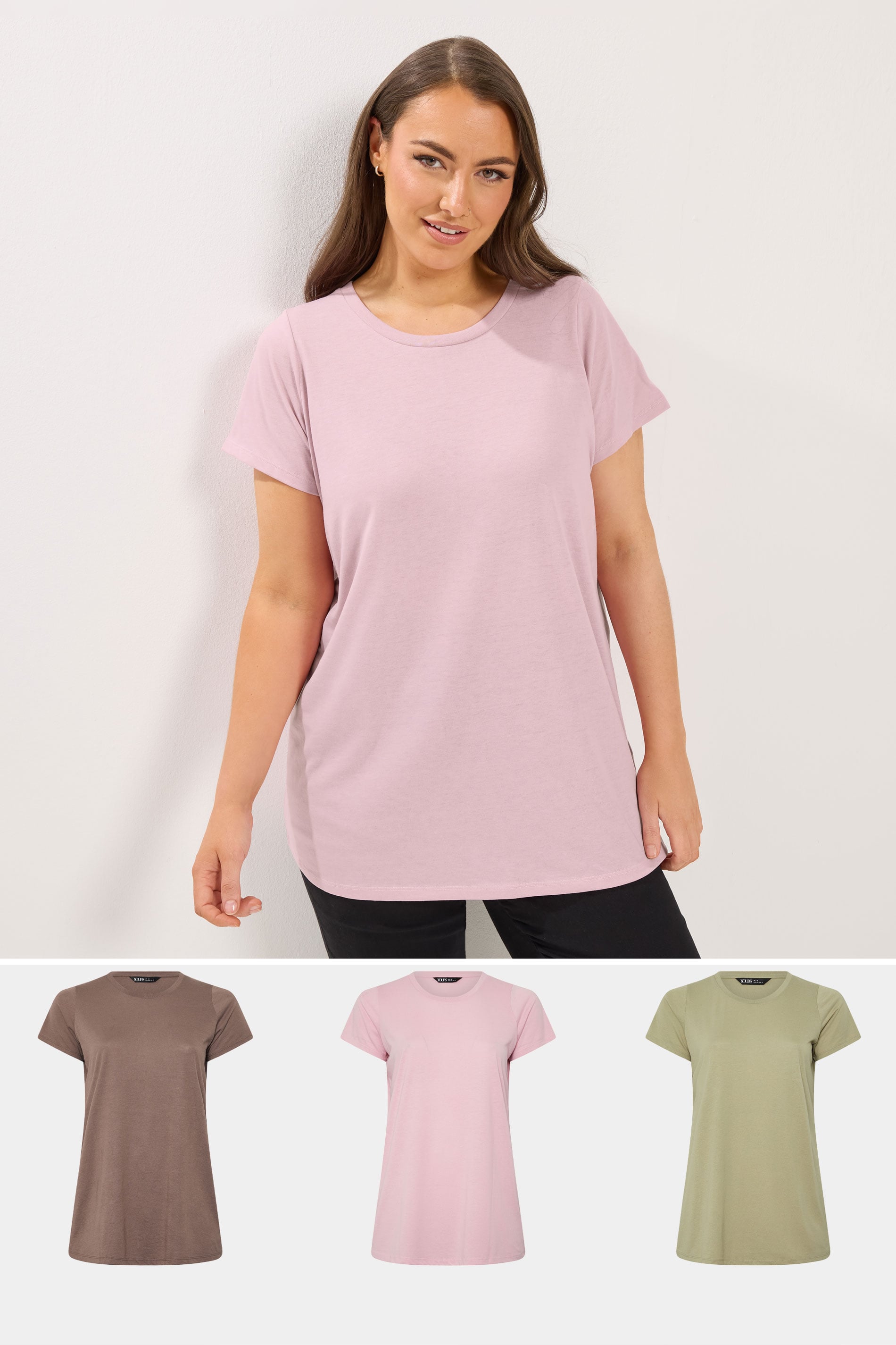 YOURSET 3 PACK Plus Size Chocolate Brown & Pink Core T-Shirts | Yours Clothing 1