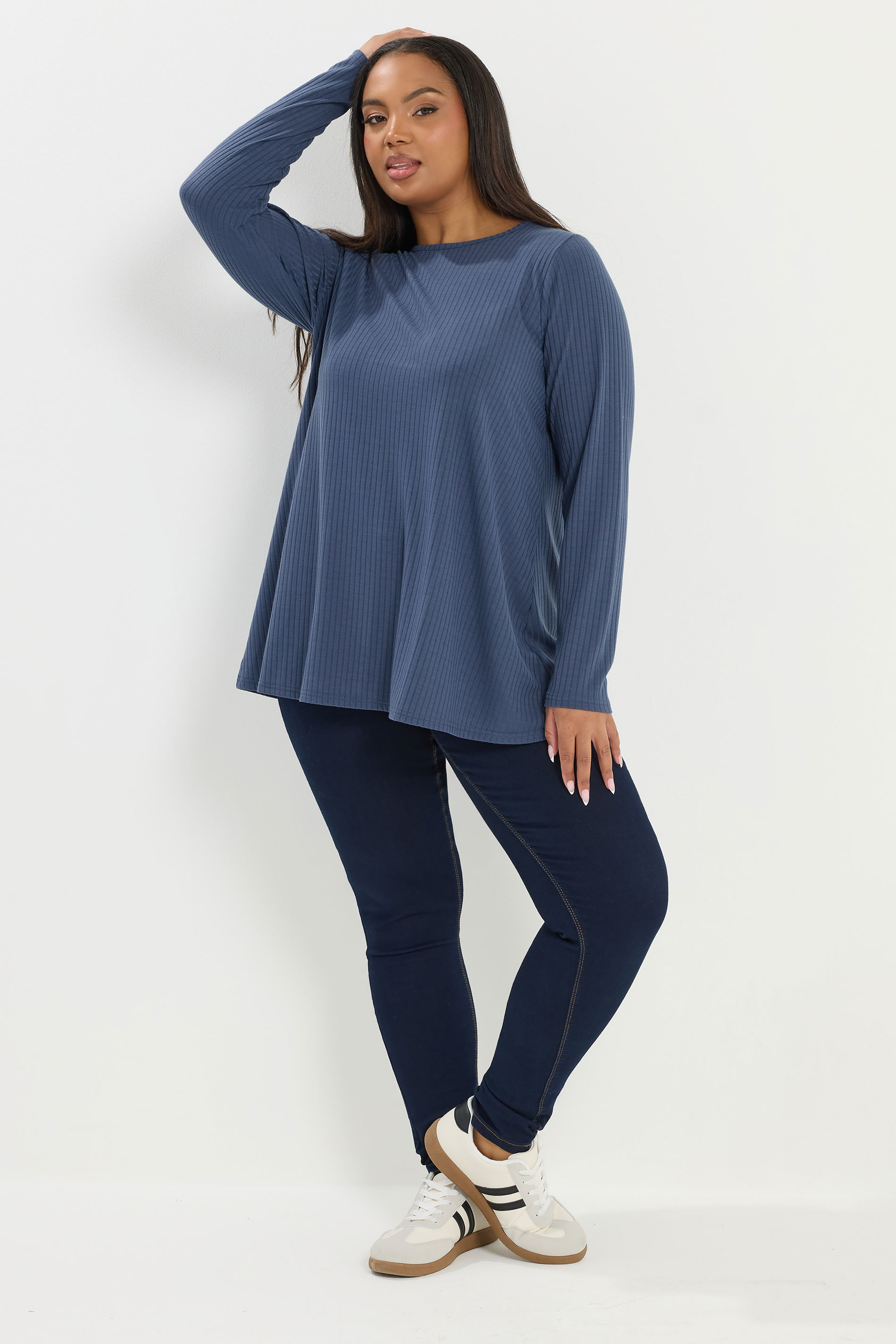 YOURS Plus Size Denim Blue Ribbed Swing T-Shirt | Yours Clothing 1