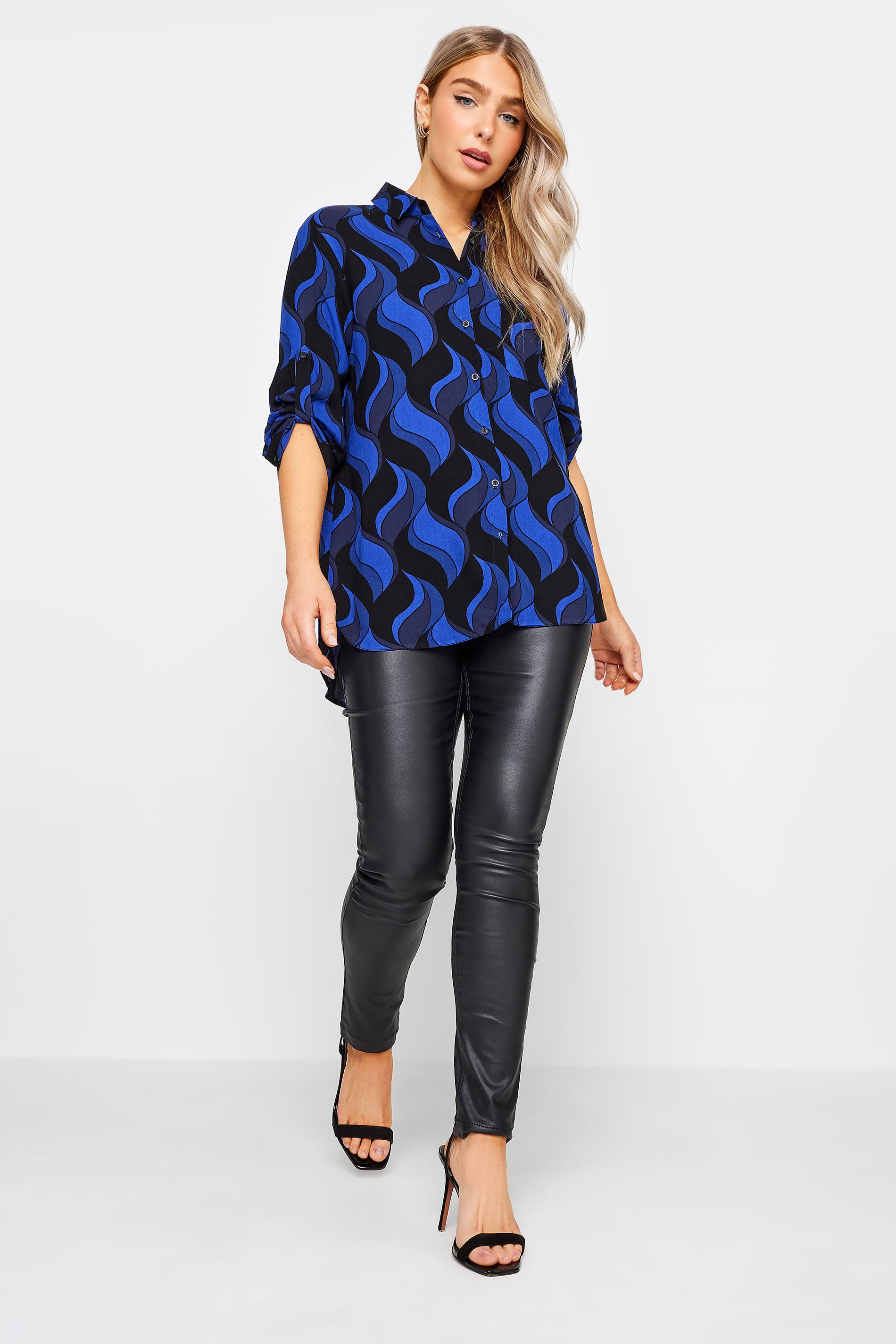 M&Co Black & Blue Swirl Print Tab Sleeve Shirt | M&Co 2