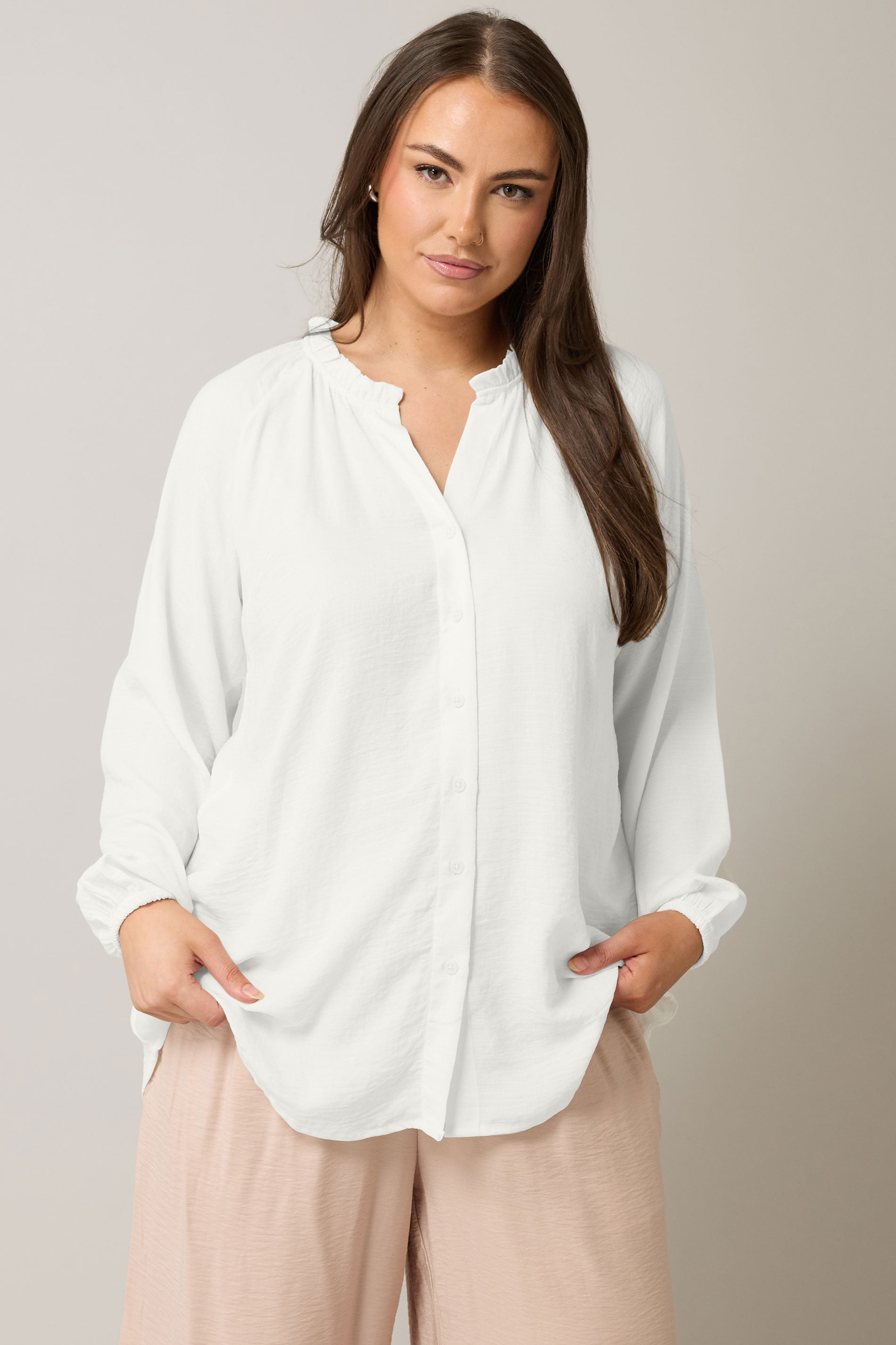 EVANS Plus Size White Frill Neck Blouse | Evans  4