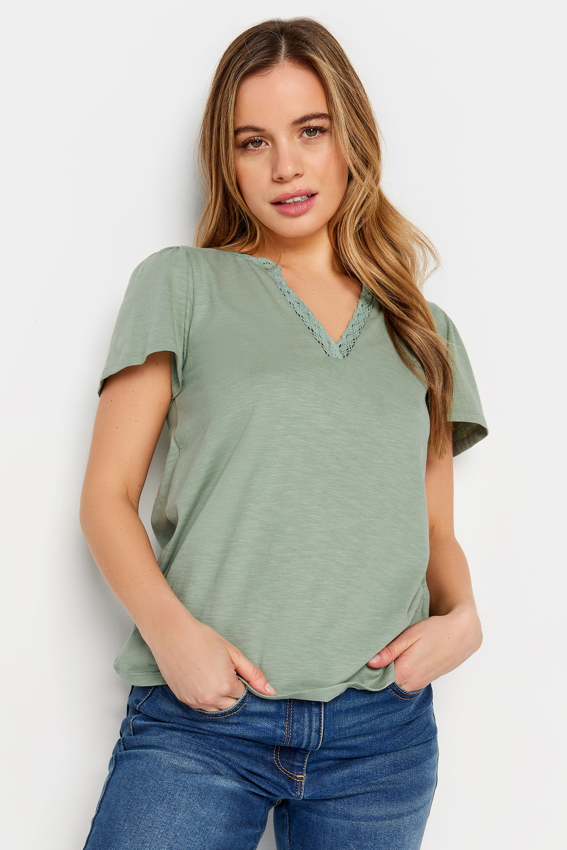 M&Co Petite Sage Green Lace Trim T-Shirt | M&Co 1