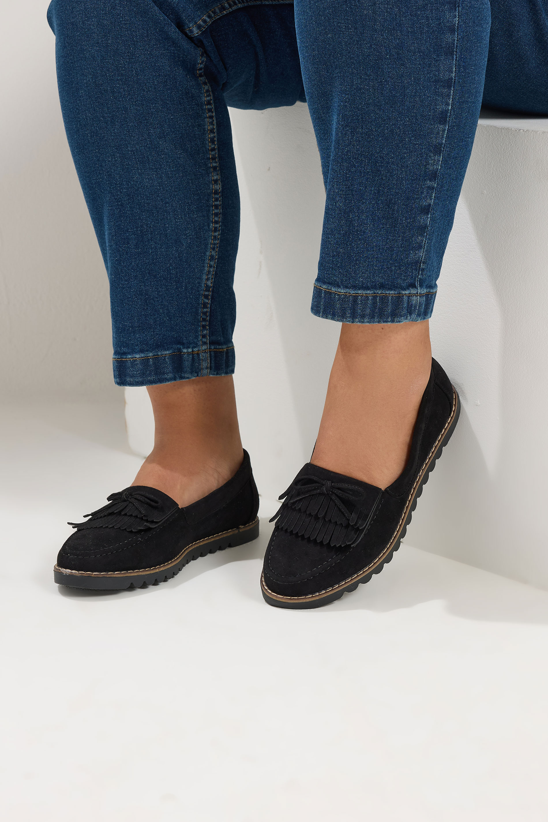Black Faux Suede Fringe Loafers In Wide E Fit | Yours Clothing 3